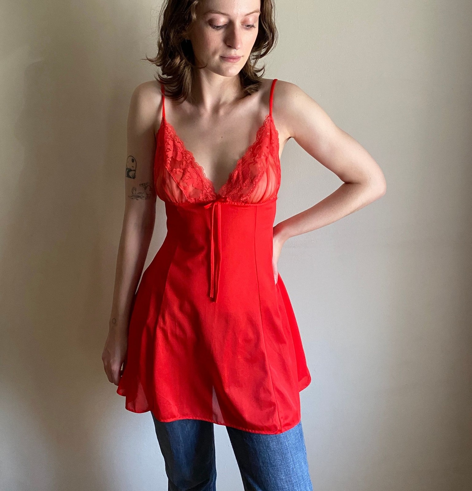 Vintage 80s Red Lace Nightie: Spaghetti Strap Lingerie