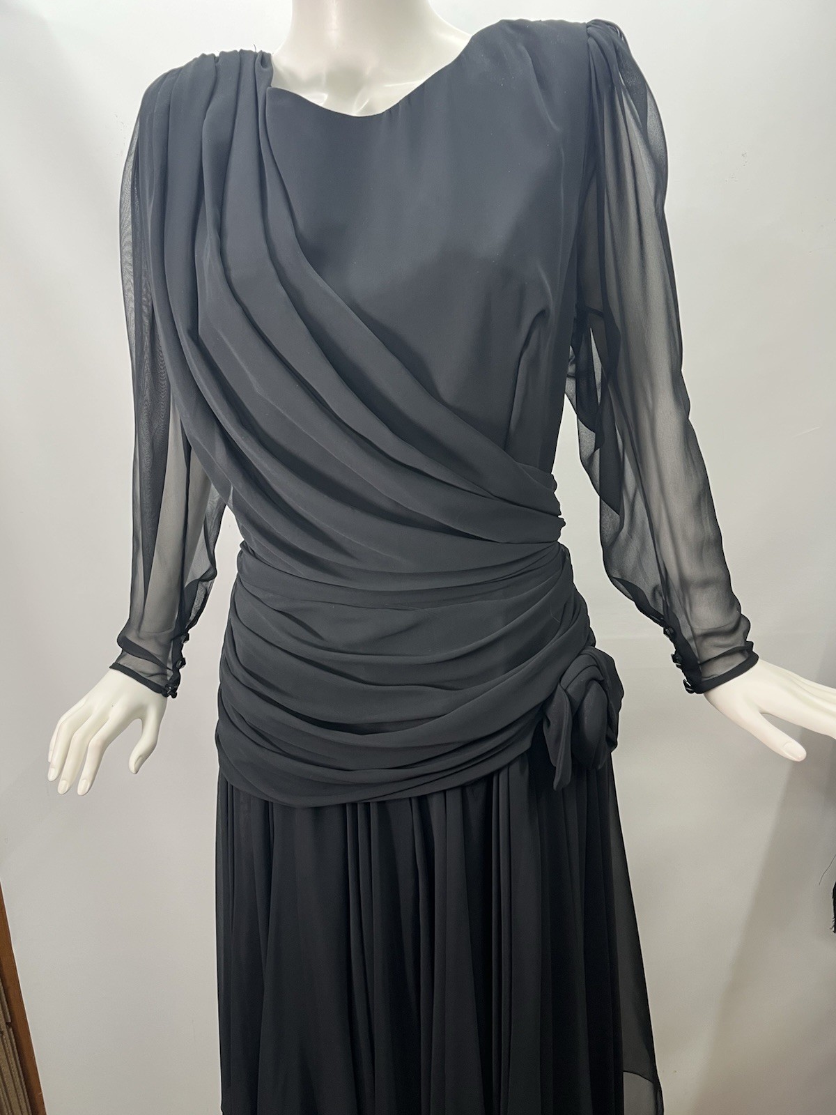 Vtg 80s Tadashi Black Dress Party Cocktail Ruched Chiffon Handkerchief Hem Sz 16