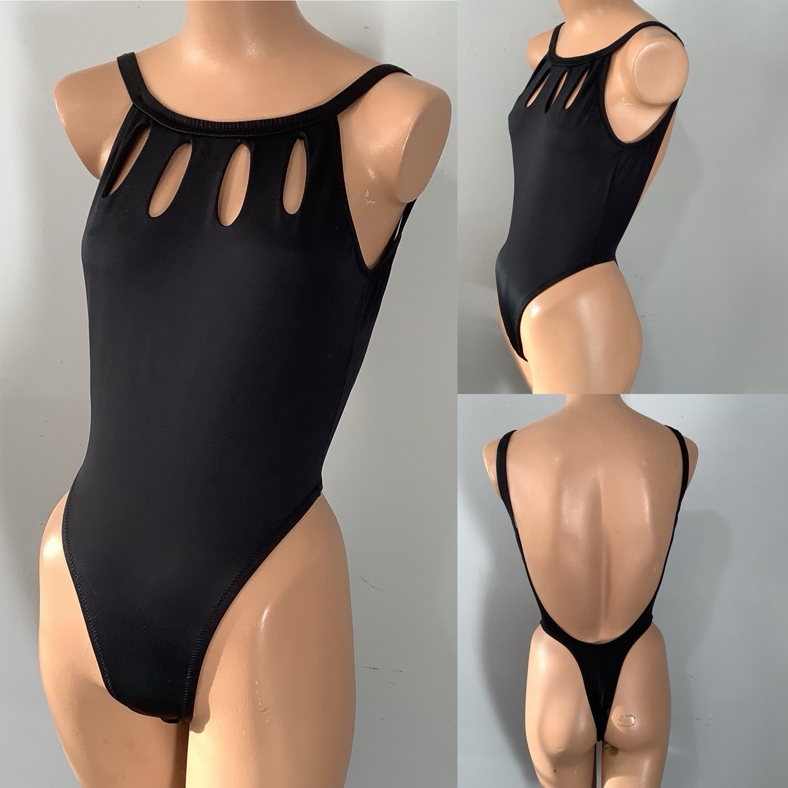 Vintage Brazilian Black One Piece Thong Swimsuit with High Thigh and Backless SM