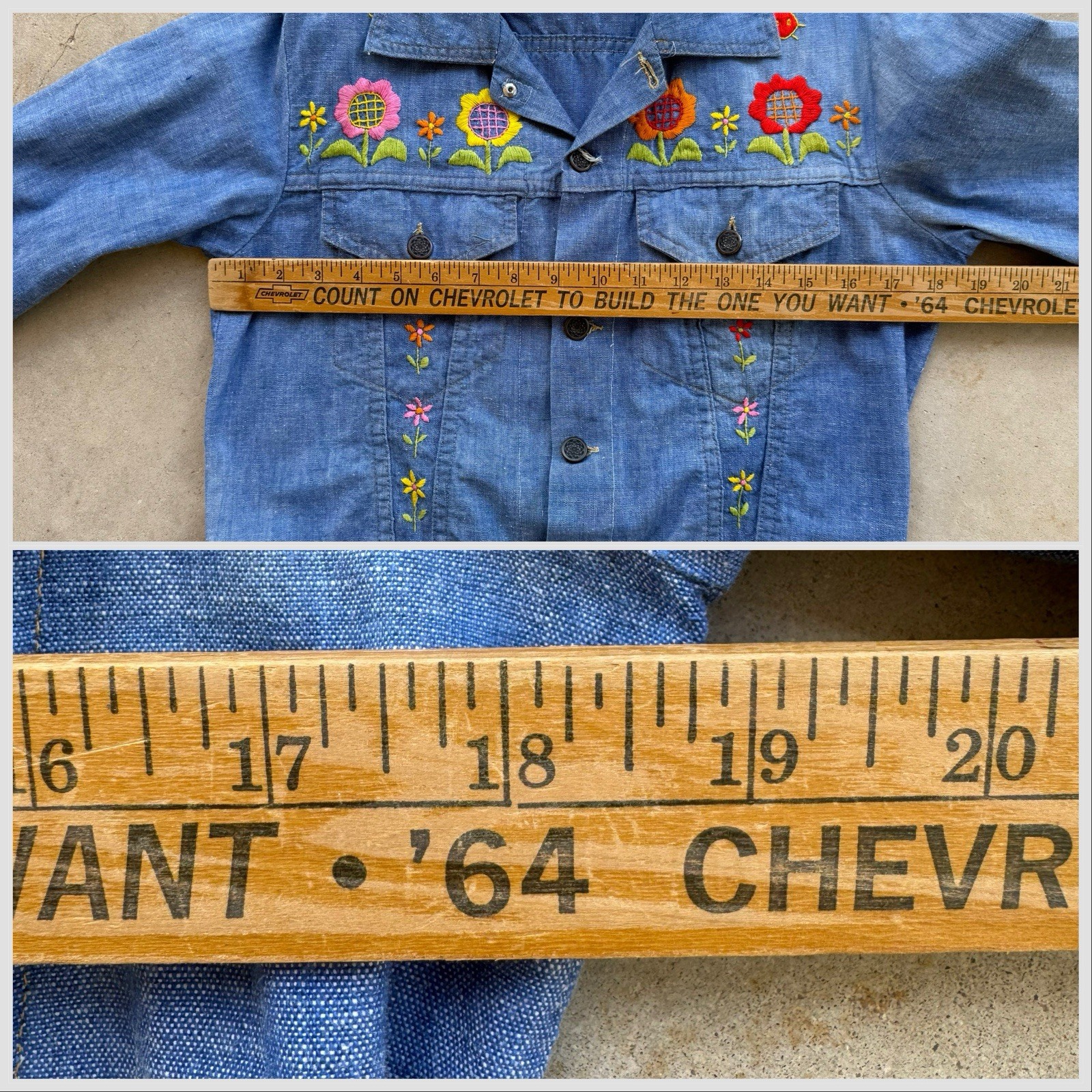 1970s Embroidered Chambray Jacket Floral Western Trucker Cotton Mexico S/M VTG