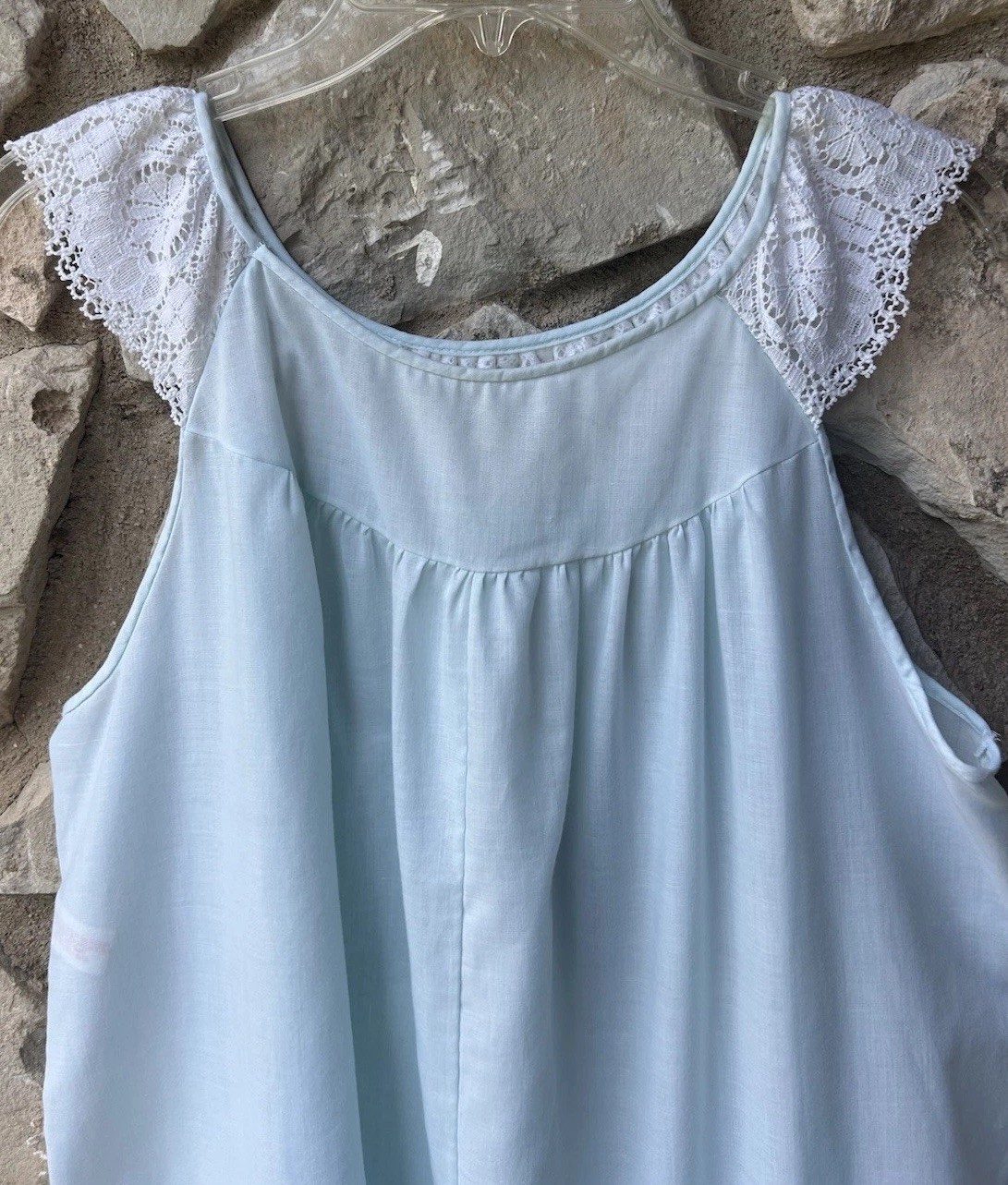 Vintage GILEAD Nightgown Large Blue Lace Trim Pullover Full Length Sleeveless