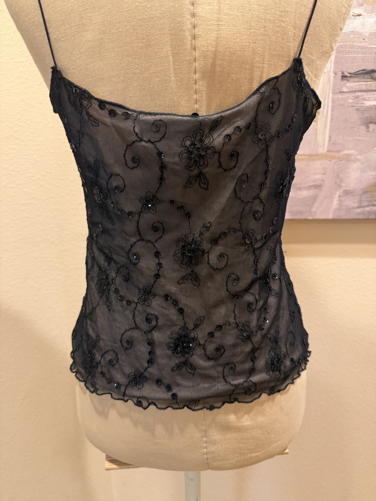 Vintage 90&rsquo;s Bebe Black Sheer Mesh Lined Sequin Floral Camisole Tank Top M