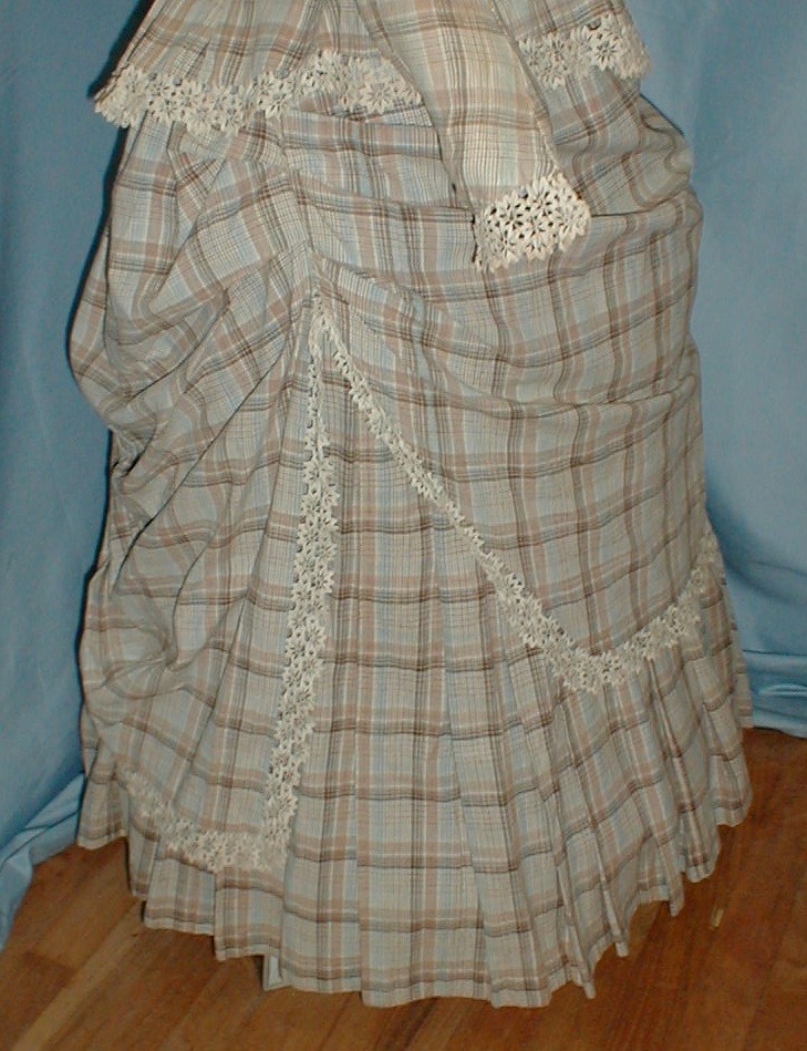 Charming Antique 3 Piece Bustle Dress Victorian 1870 Beige Plaid Cotton