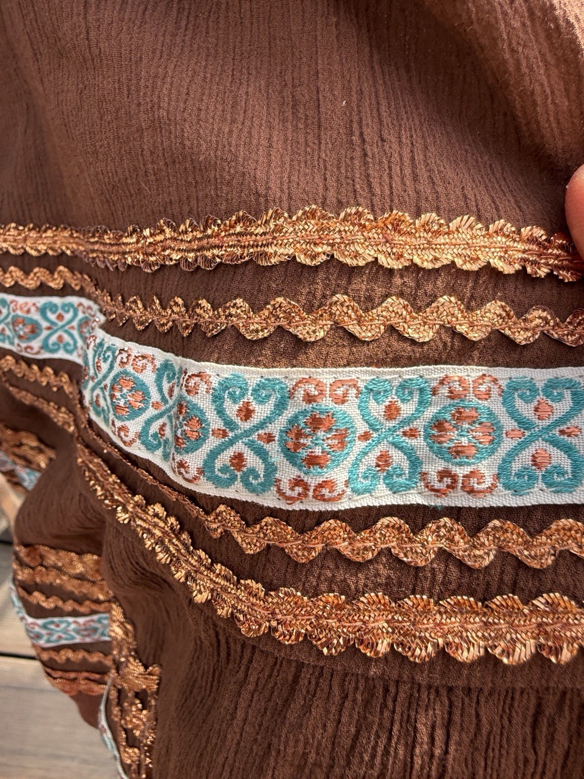 Vintage Faye Creations Patio Fashions Arizona Brown Dress Copper / Blue Trims