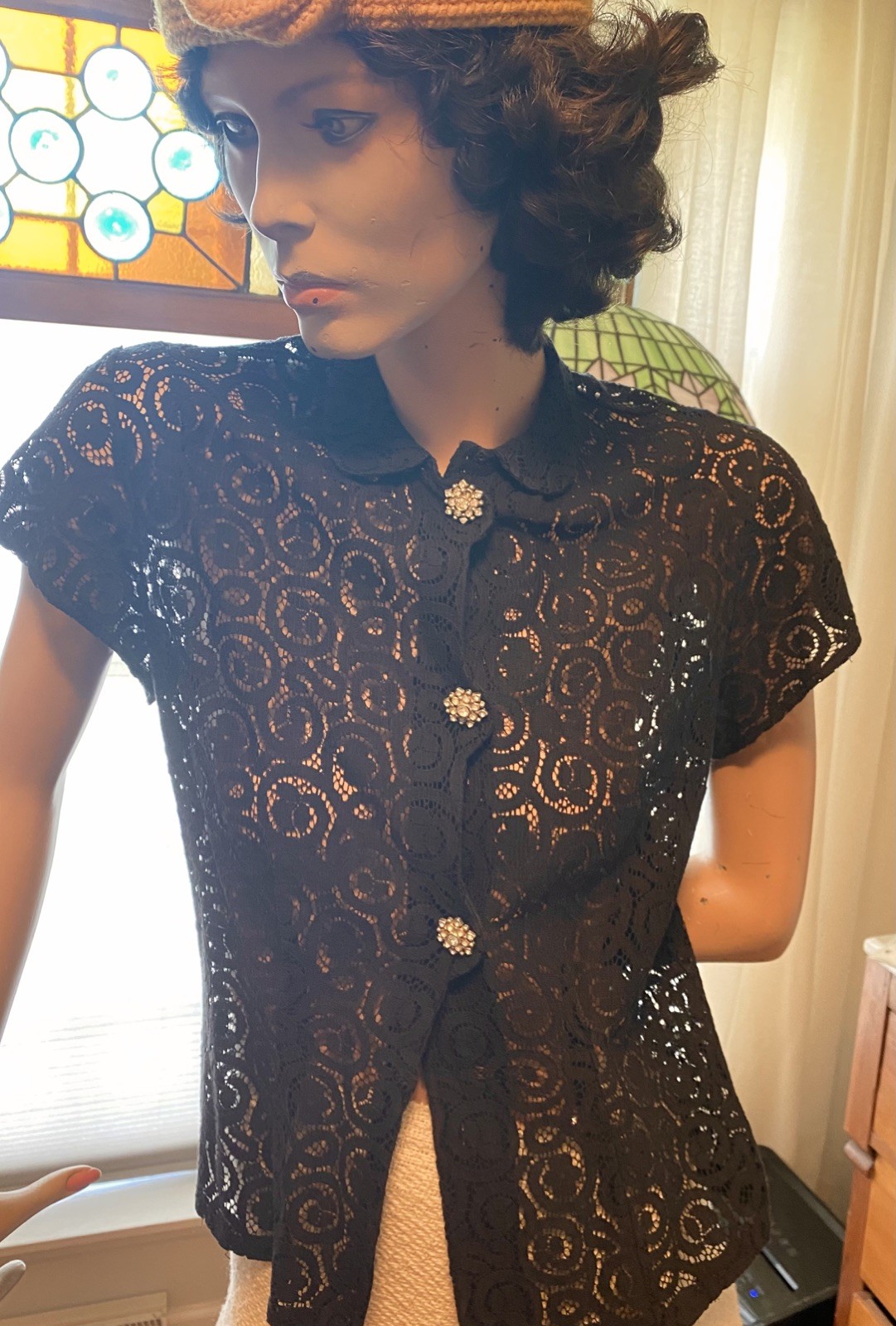 Vintage 50s black cotton lace button up blouse rhinestone buttons 36” bust