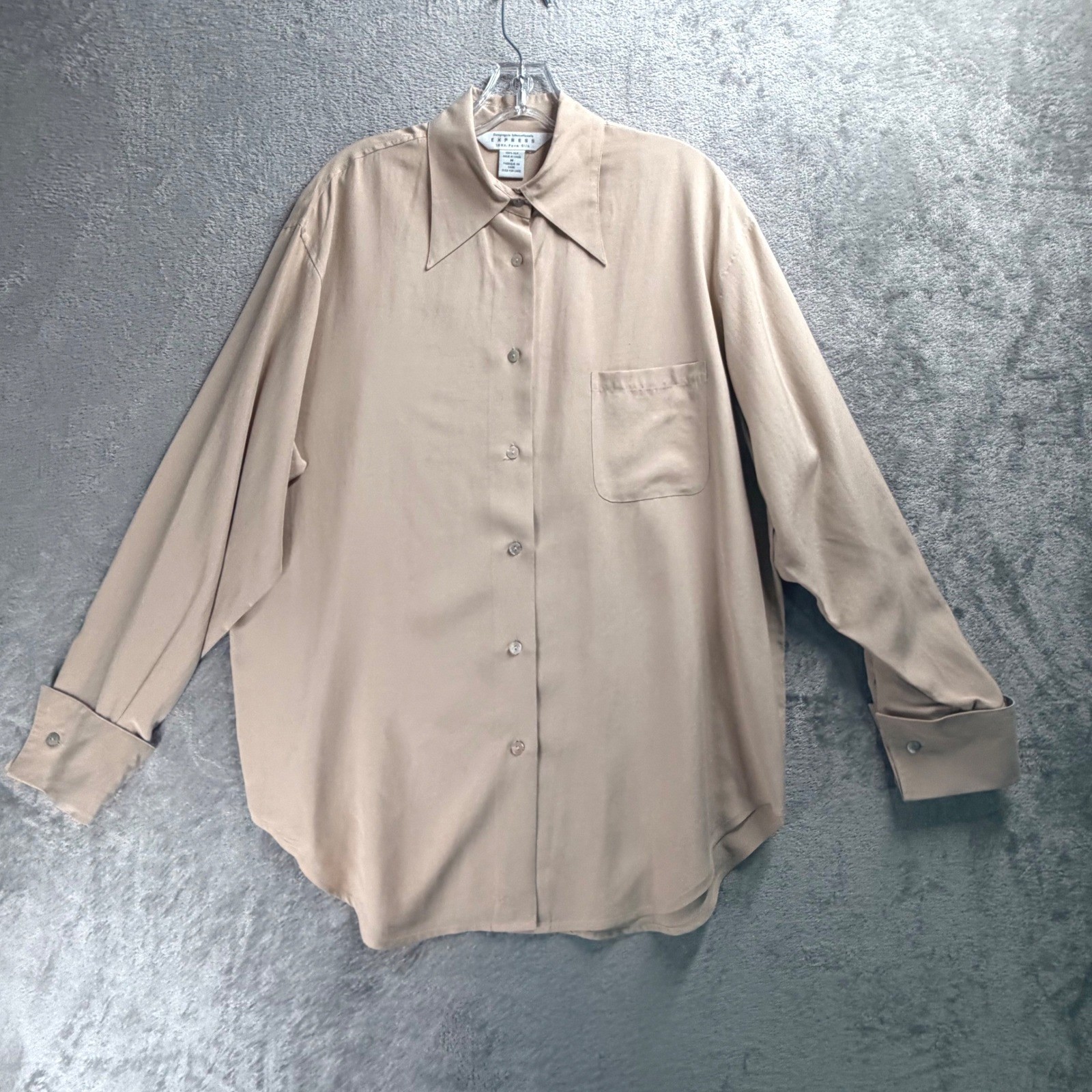 Express Silk Blouse Womens M Beige Vintage 90s Oversized Button Up Long Sleeve
