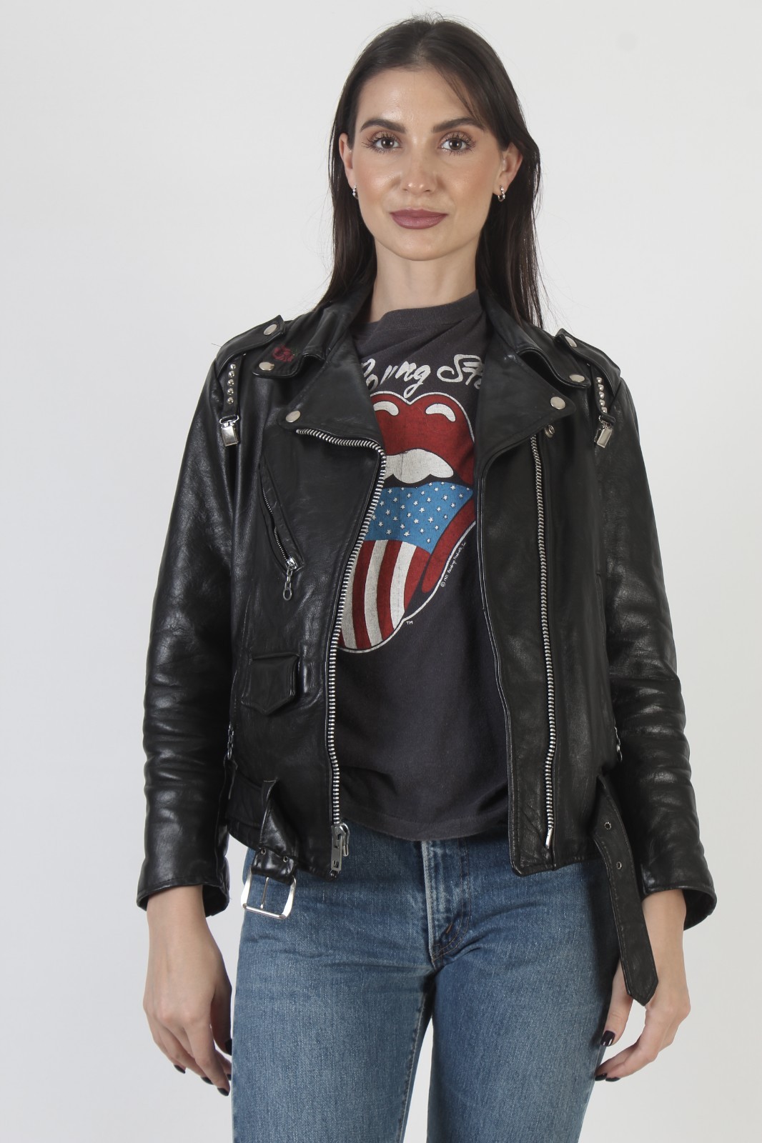 Vtg Gino Leather Black Leather Motorcycle Jacket Belted Asym Cropped Biker Coat