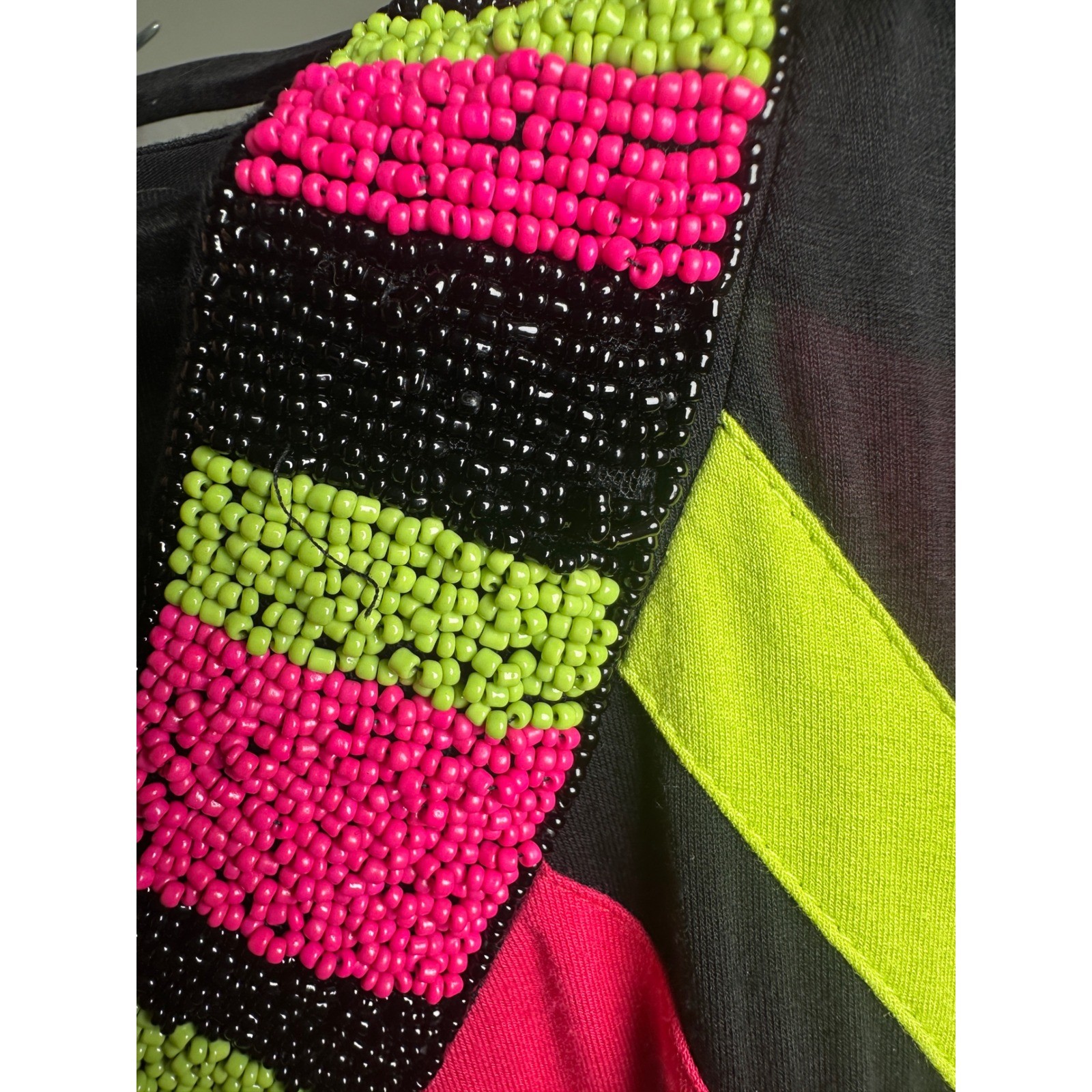 Vintage Variations 90s Y2K Beaded Color Block Jersey Maxi Dress Neon Pink Lime M