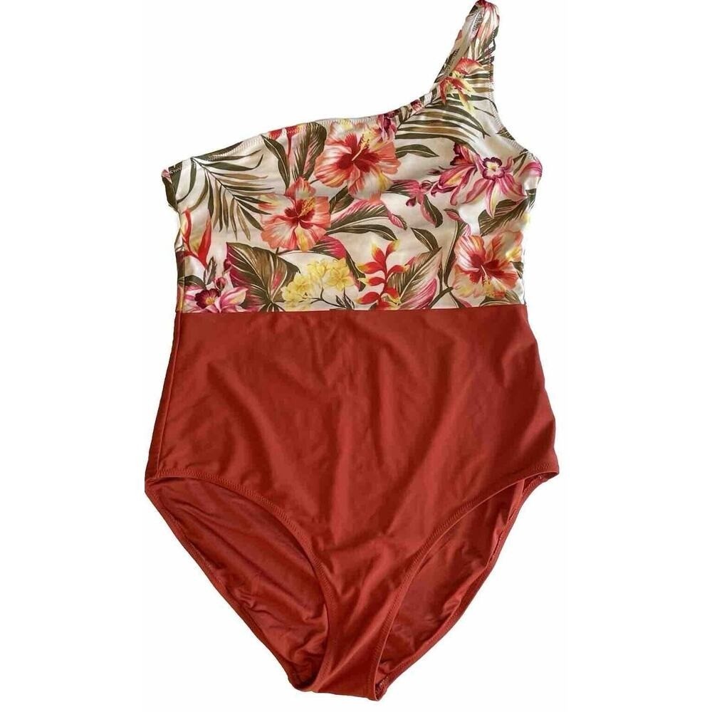 Old Navy One Piece Swimsuit Sz XXLT One Shoulder Rust & Tropical Floral Sexy EUC