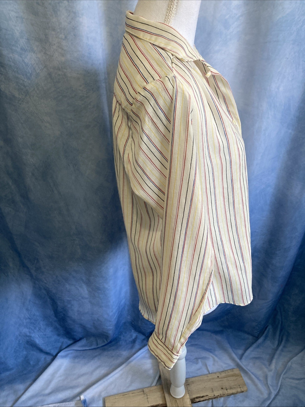 Vtg 70s SHAPELY Striped Blouse Sheer Dagger Collar Secretary Mod Disco Top Sz 12