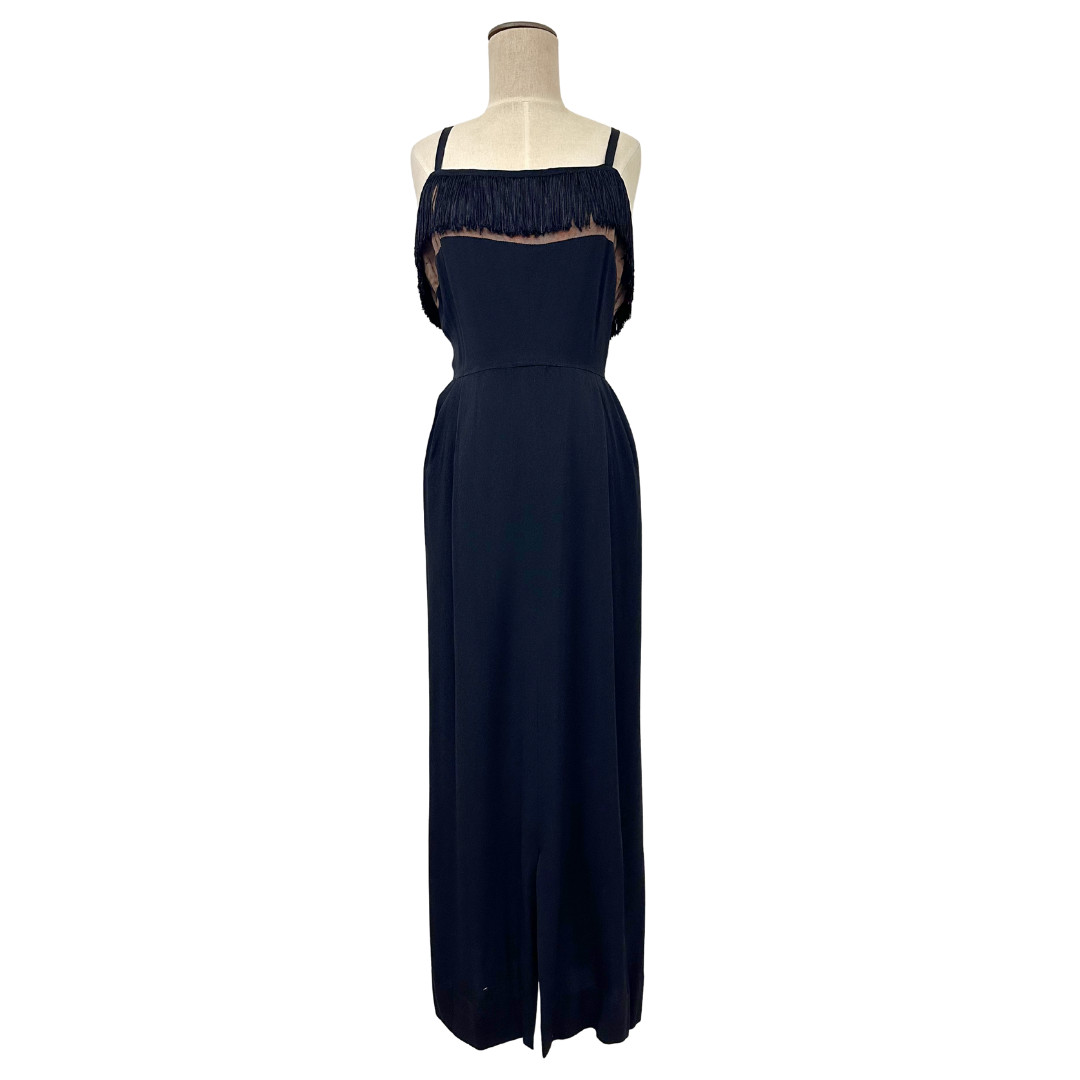 Vintage 1940s Original by Miss America Black Fringe Nude Illusion Wiggle Dress