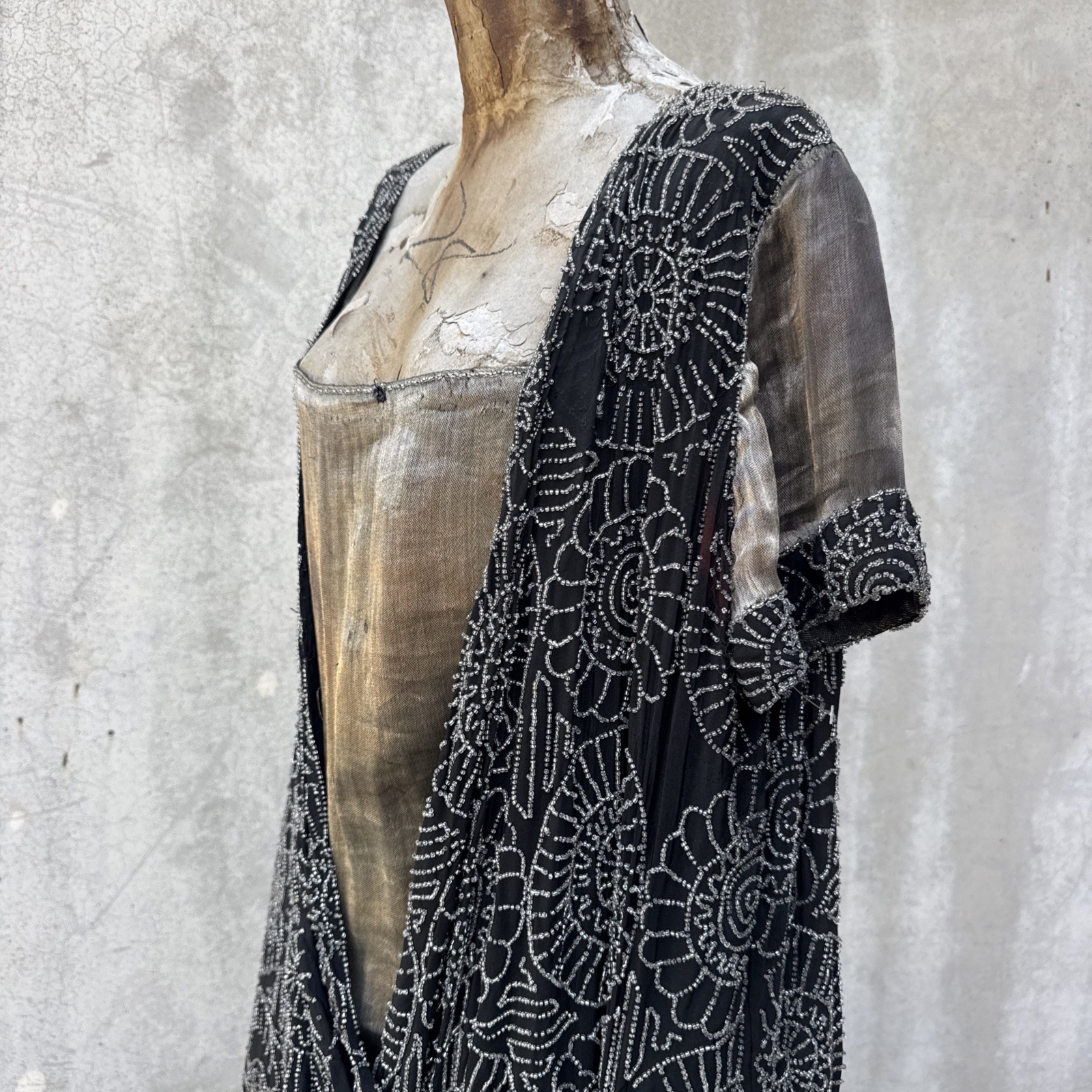 Antique 1920s Completely Beaded Flower Gown Silver Lamé Full Length Dress VTG