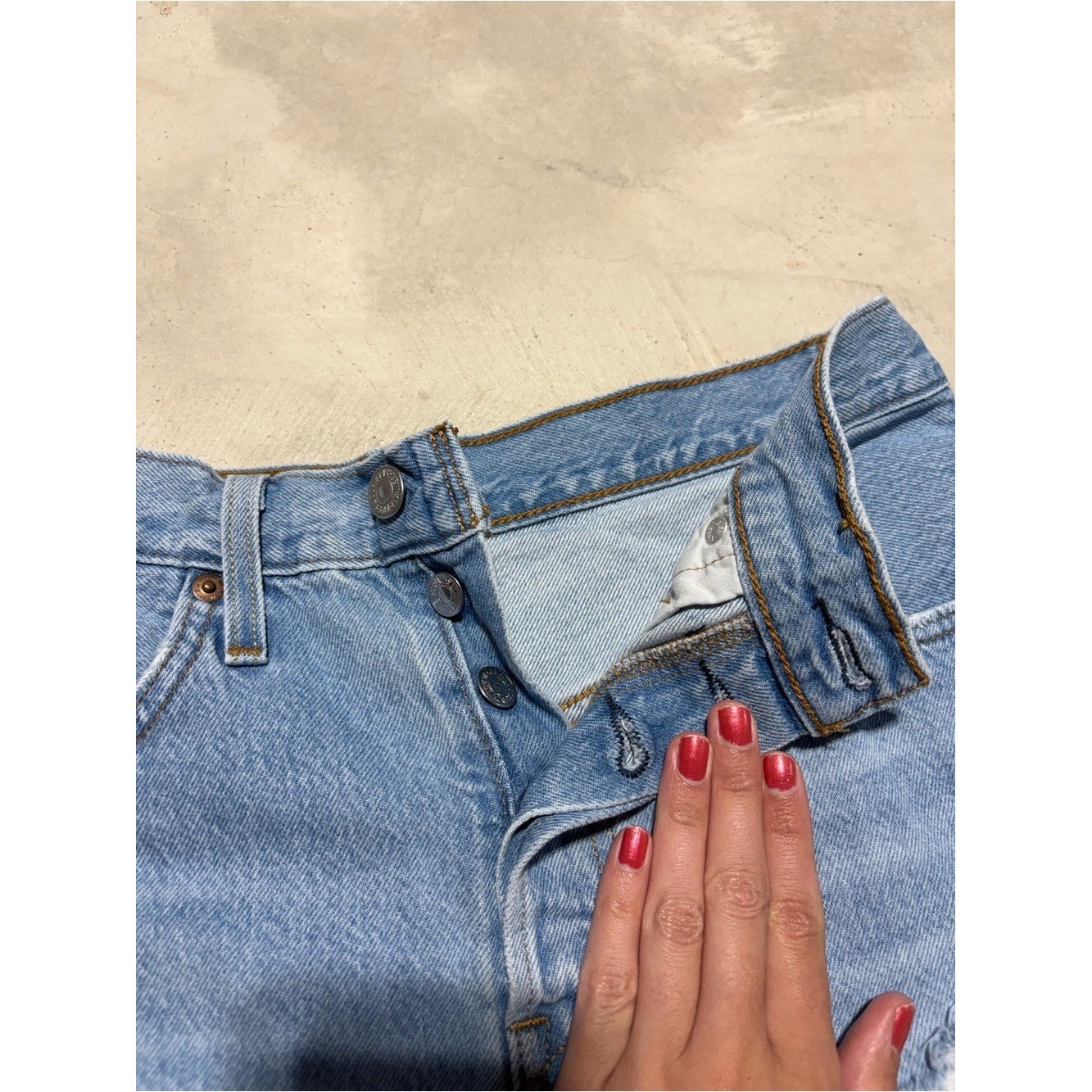 Levi&rsquo;s 501 Light Blue Distressed Denim Shorts button fly 27