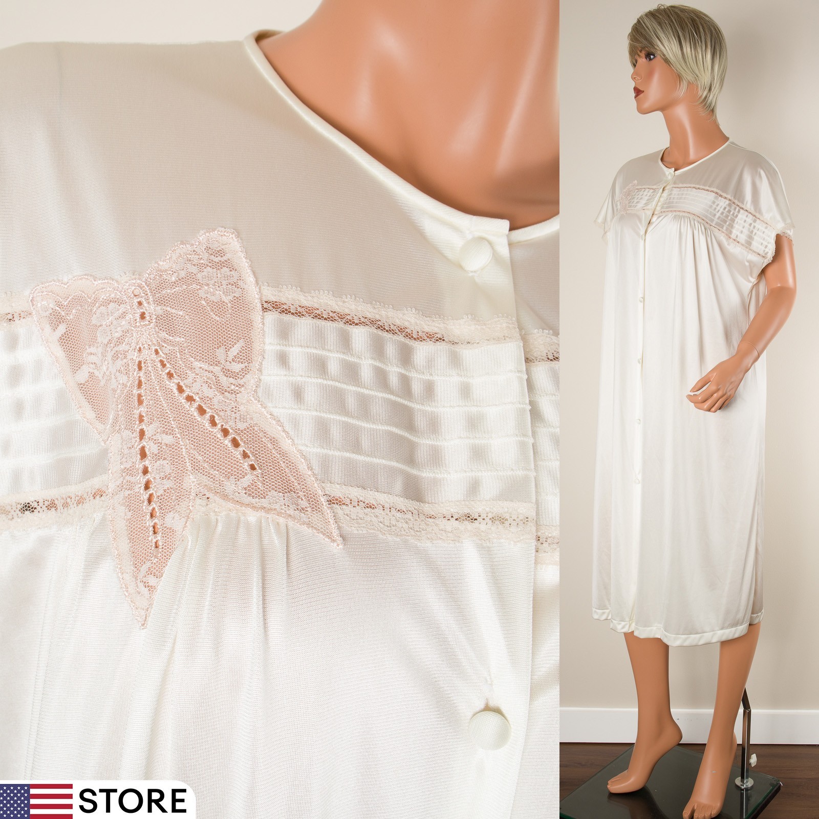 💖 Vintage VANITY FAIR Robe Housecoat Nylon L Ivory Short Sleeve Embroidered USA