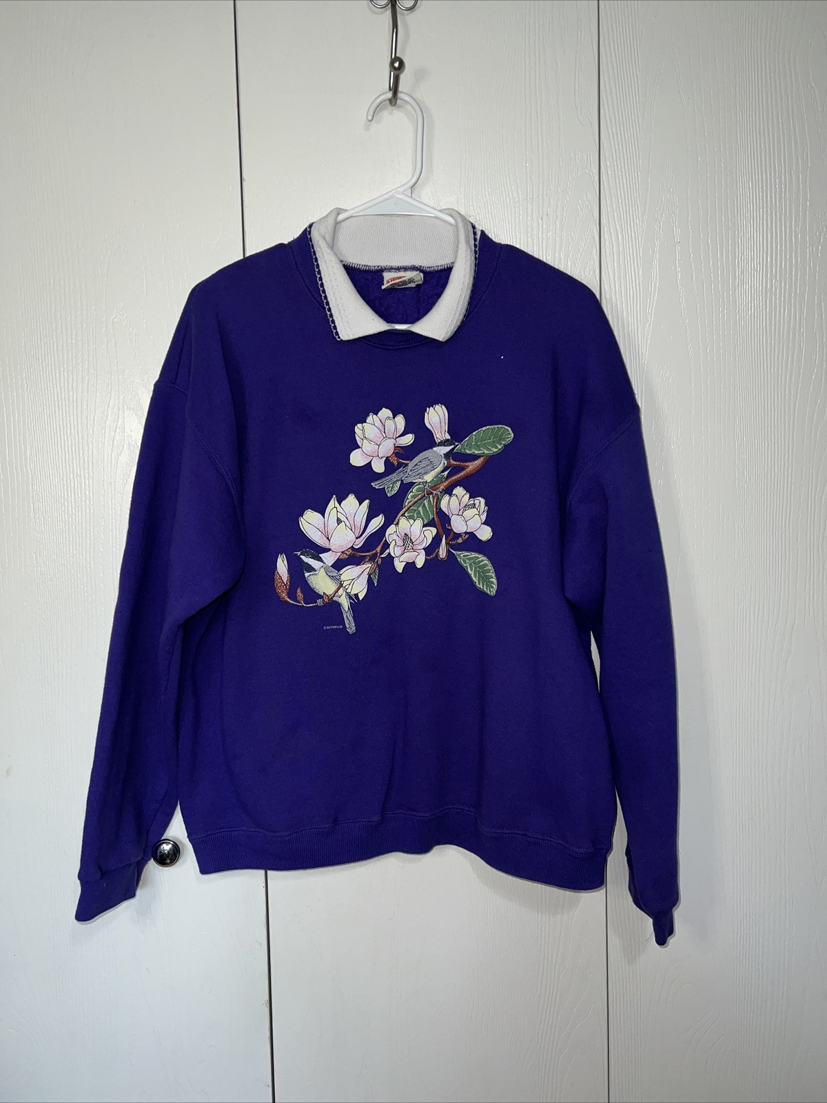 90s Vintage Nutmeg Purple Bird Floral Collared Pullover Sweatshirt Womens L