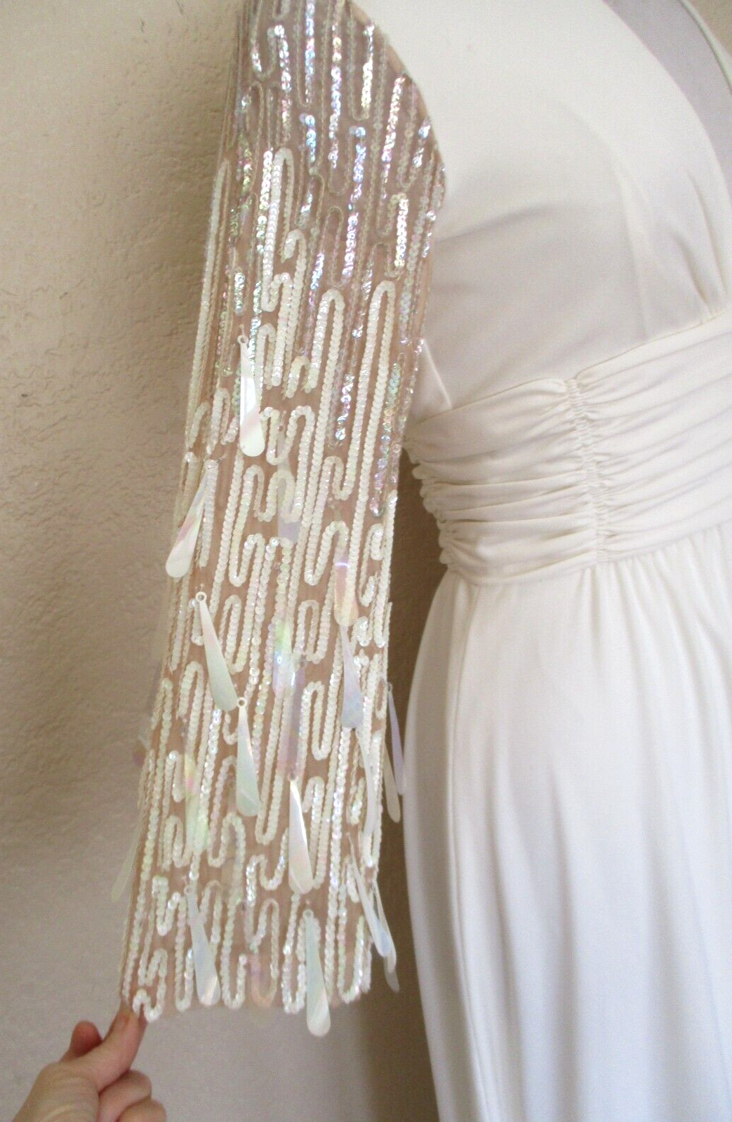Vtg 70s Lilli Diamond Maxi Dress Gown XS/S Ivory Drop Sequin Statement Sleeves