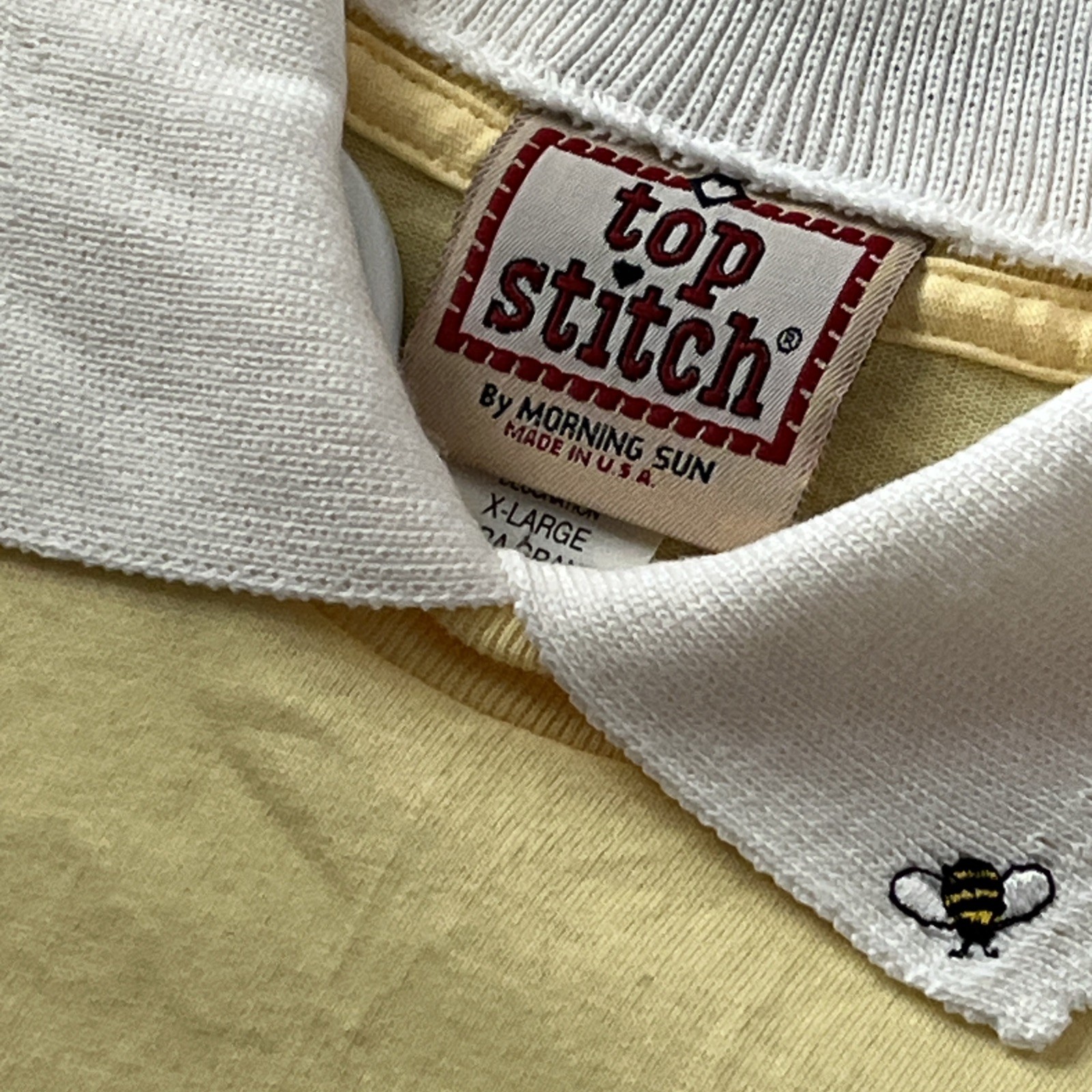 Vintage Cottagecore teacher Yellow Collared T-Shirt Embroidered Bees Made USA XL