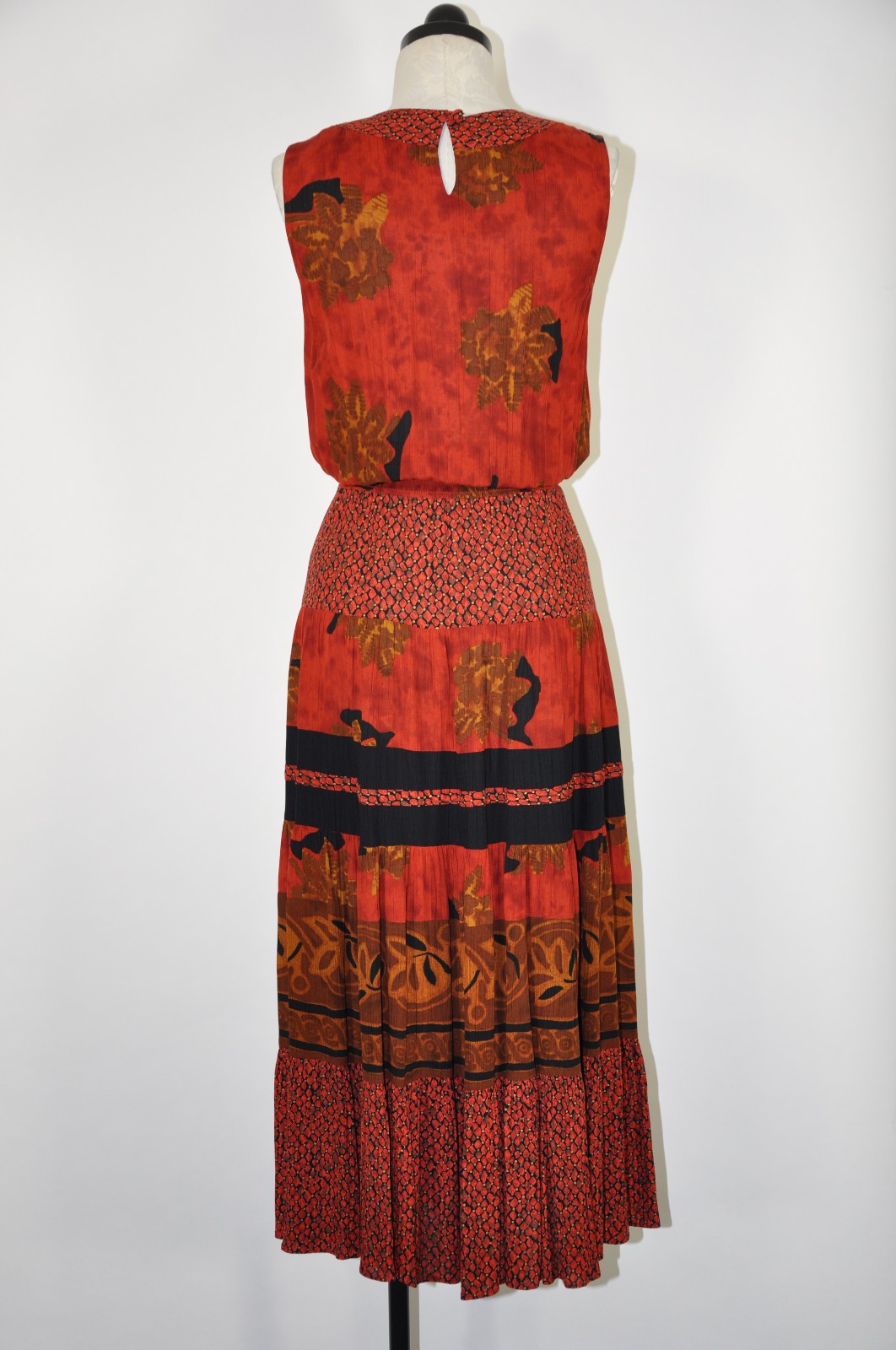 90s Vintage Rust Red Rayon Autumn Leaf Print Sleeveless Midi Dress Women S M