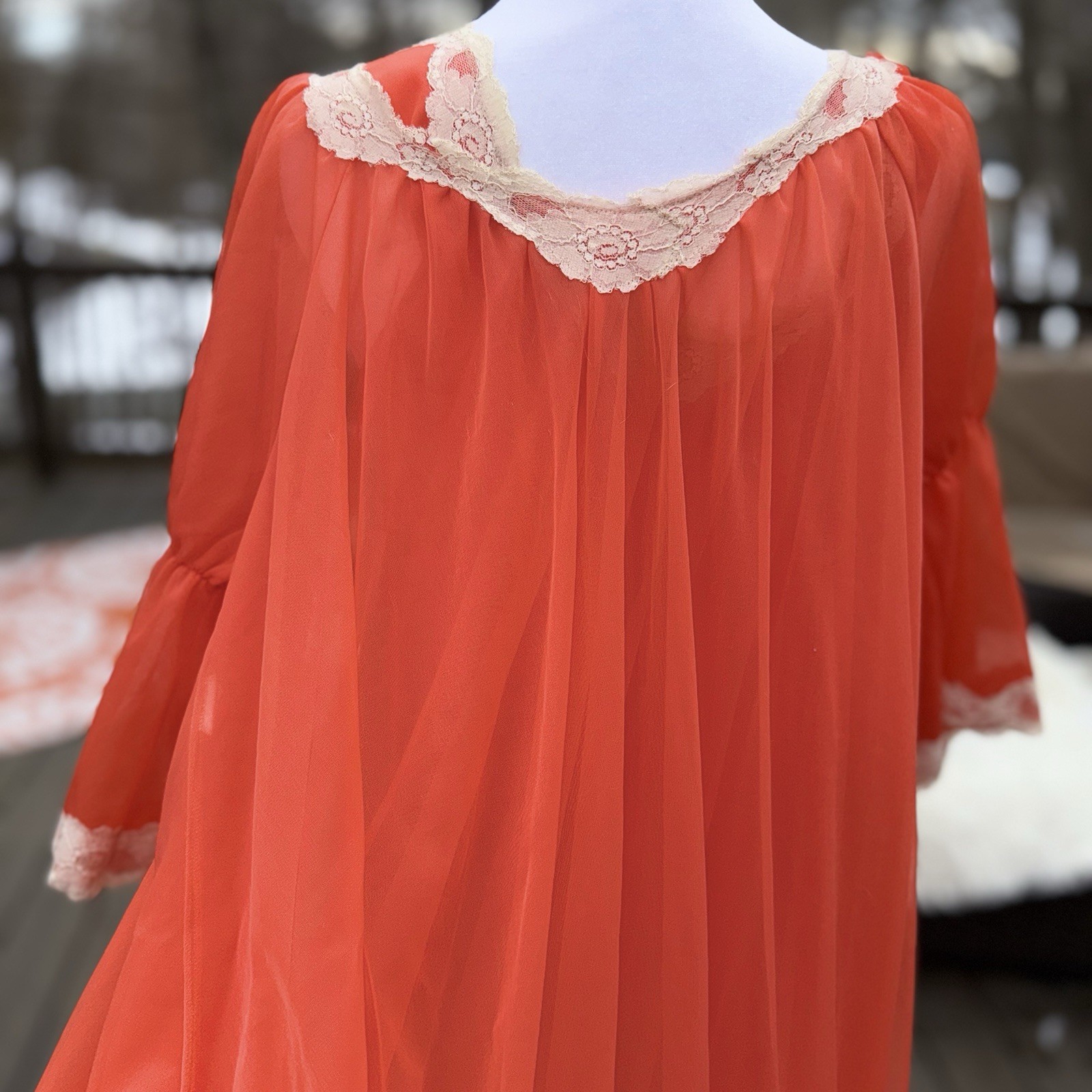 Vtg Intime Nightgown & Robe Double Chiffon Peignoir Set Flame Orange Sweep S M +
