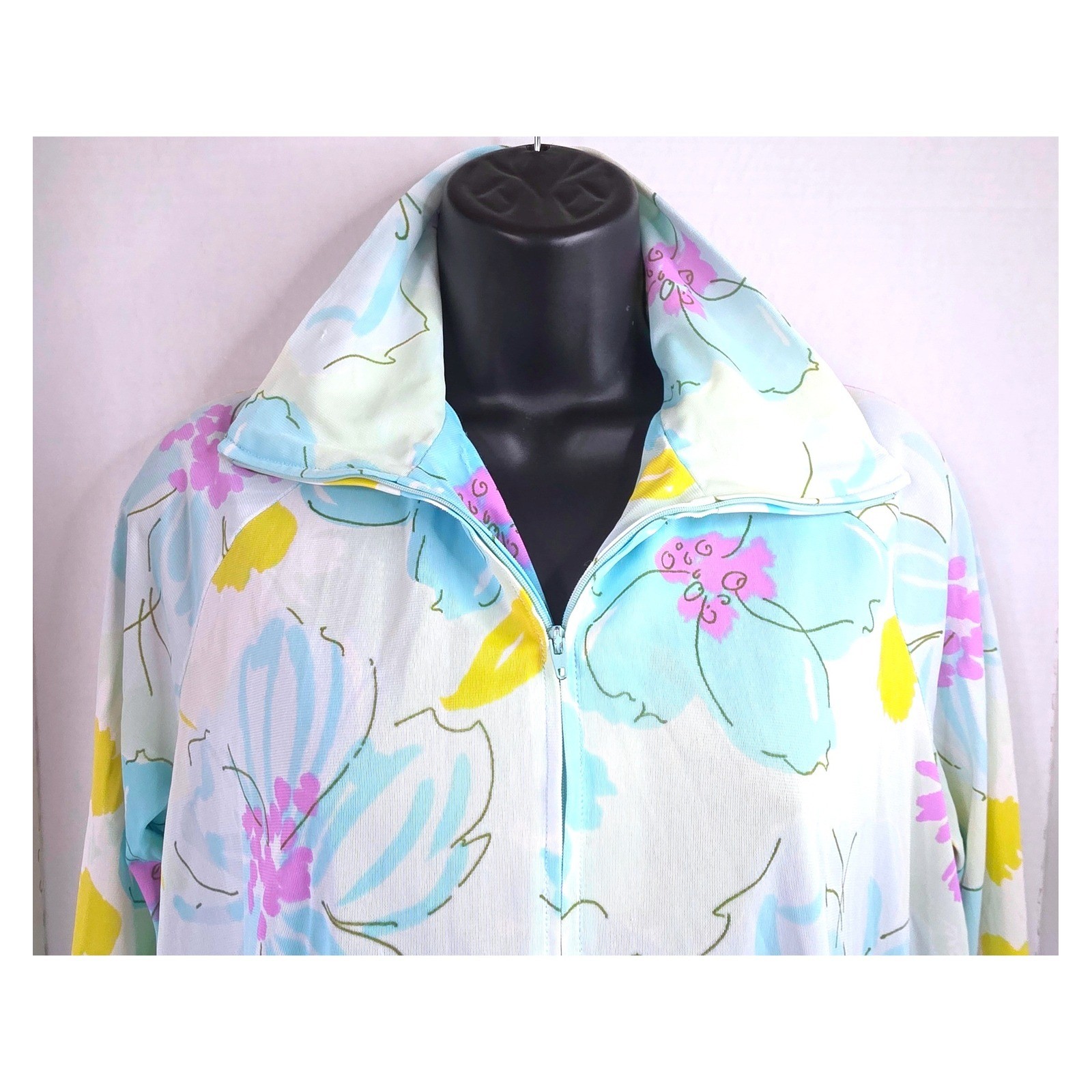 Vintage Miss Elaine Pastel Floral Zip Front House Coat Duster Blue Yellow M/L?