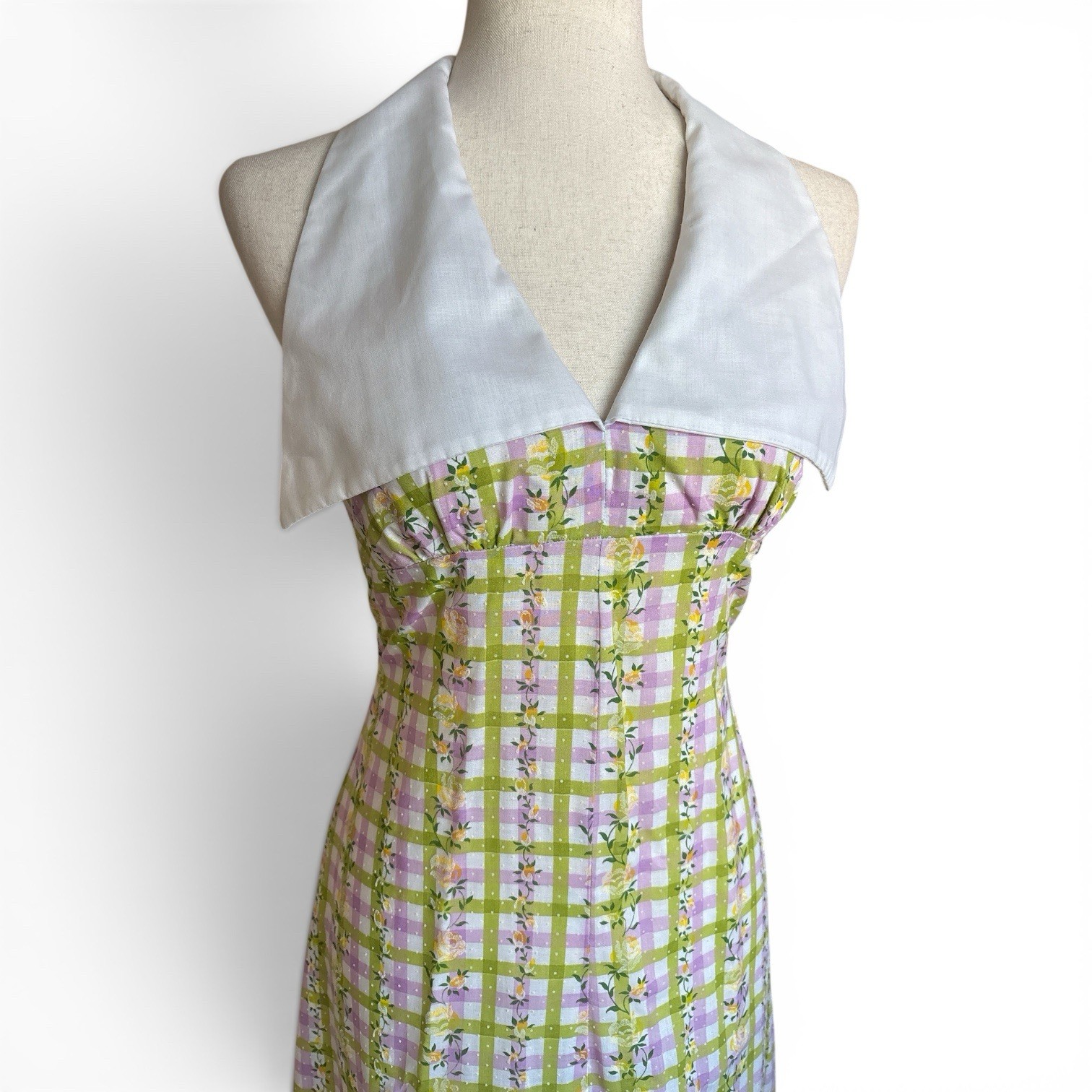 Late 60’s/70’s Gingham Sailor Halter Neck Maxi Floral Dress Handmade Vintage XS