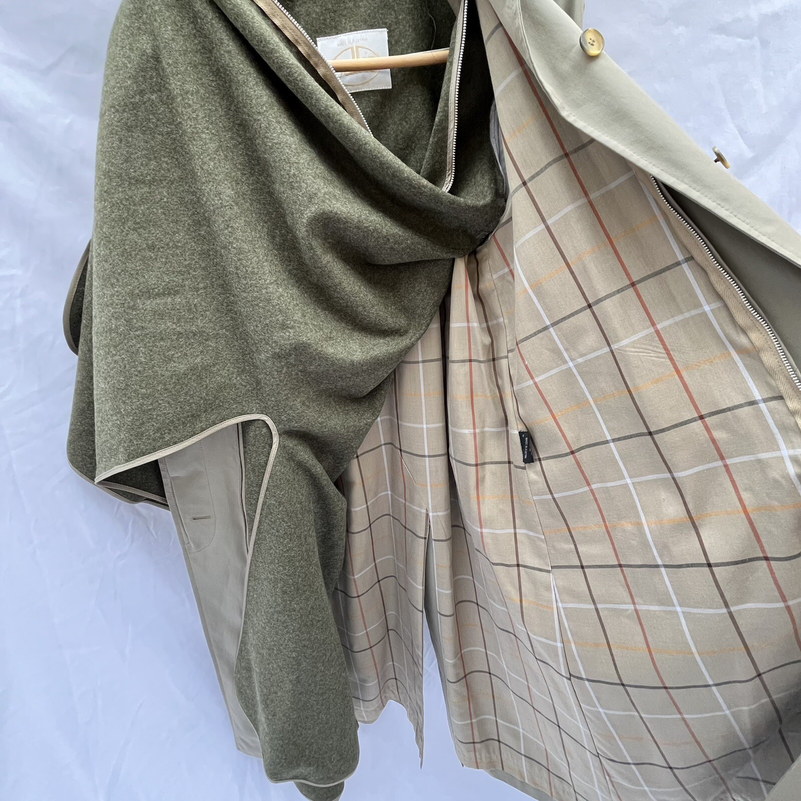 SALKO Austria Wool Cotton Trench Coat Womens 8 EUR38 Khaki Removable Lining Vtg