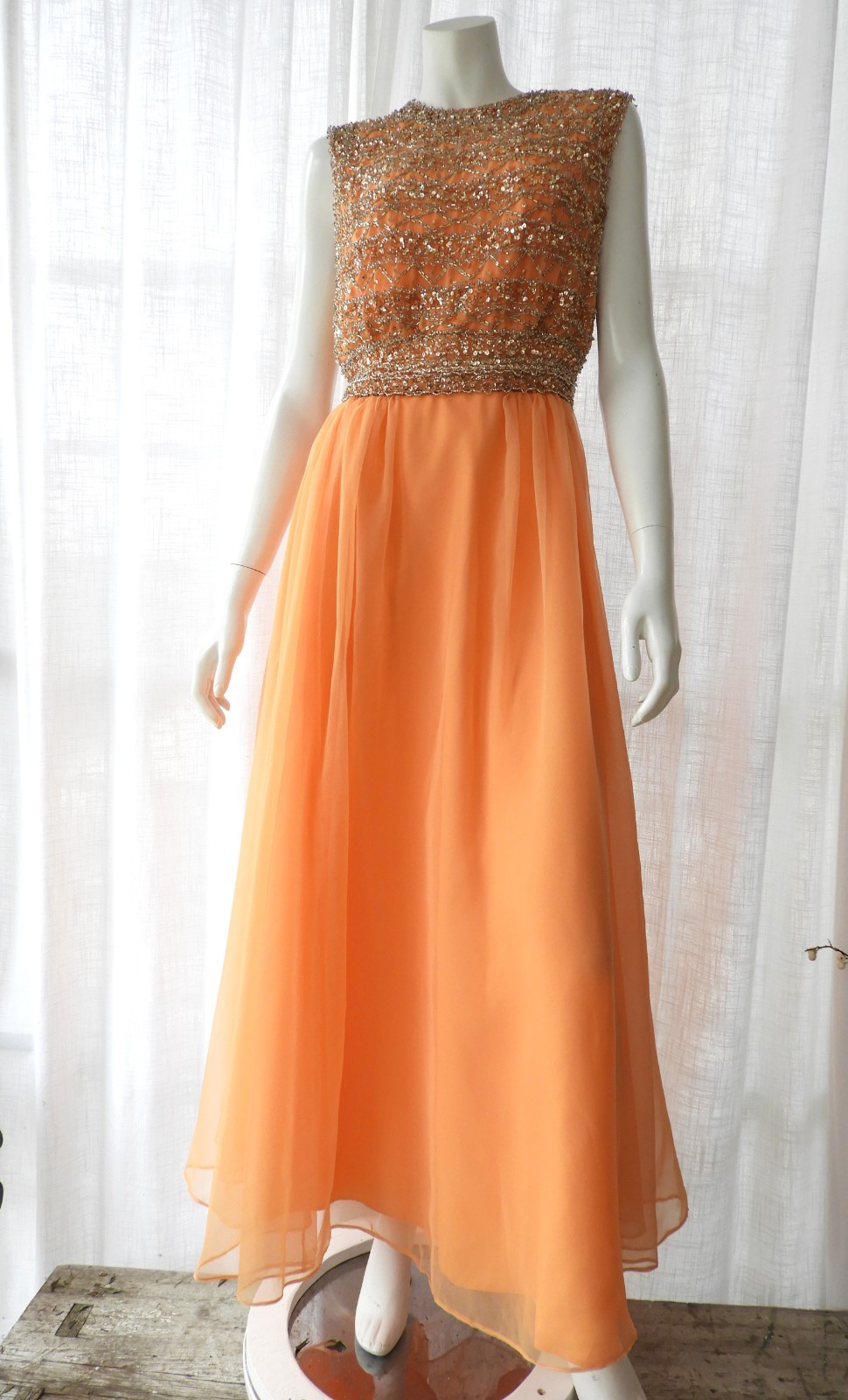 Vtg 1960&rsquo;s Peach Silk Formal Gown Beaded Bodice Carrie Couture sz 38&Prime; Bust