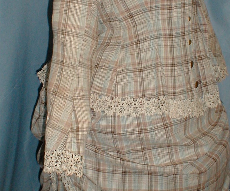Charming Antique 3 Piece Bustle Dress Victorian 1870 Beige Plaid Cotton