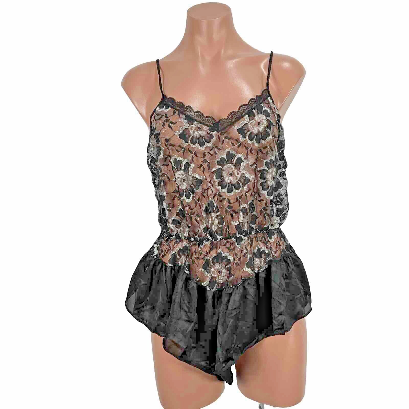 Vintage 80s Undercover Wear Sz L Black & Silver Floral Lace Nylon Teddy Gown
