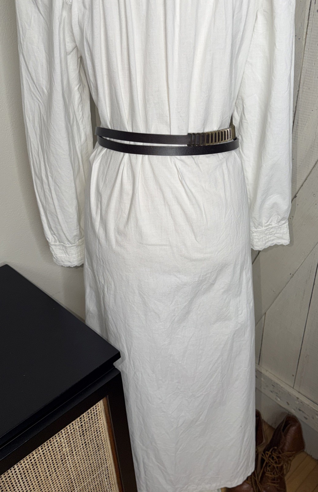 Vintage Periwinkle White Long Peasant Boho Dress High Neck Lace Ruffle Sz S USA