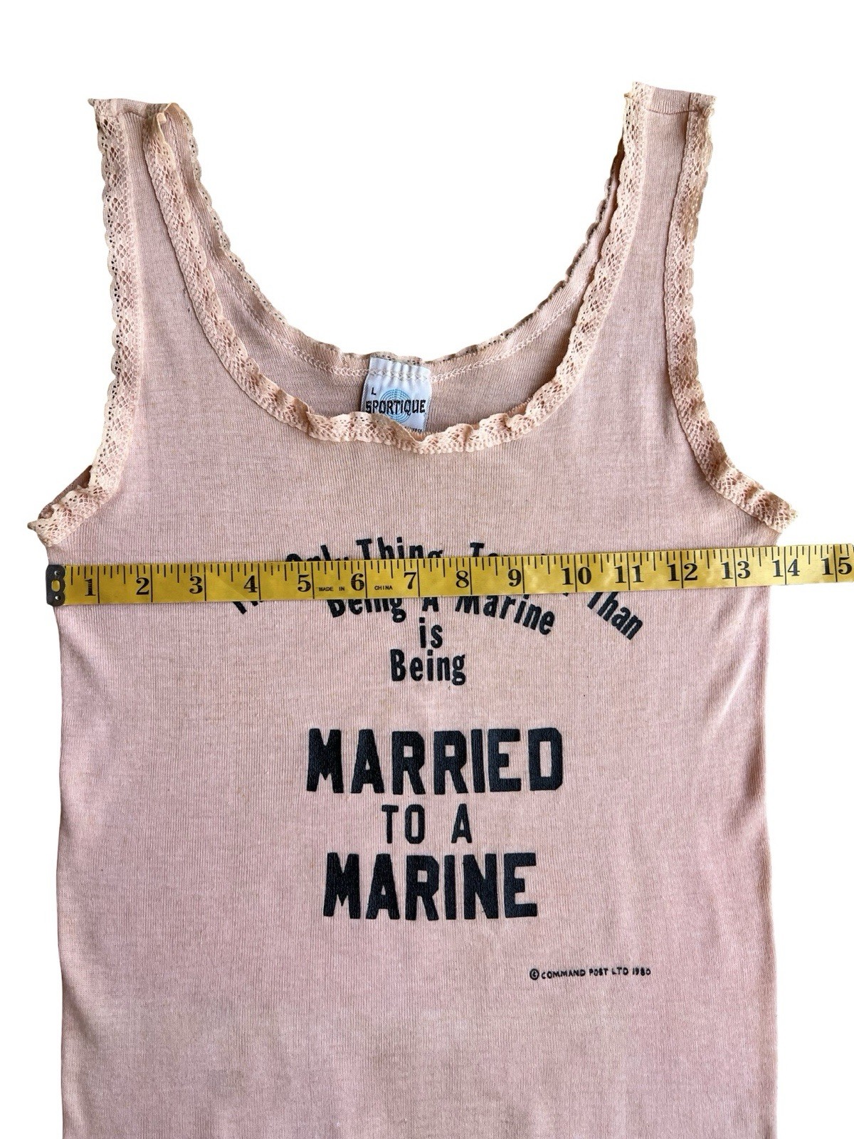 VTG 80s Rare Sportique MARINE WIFE Peach Novelty Tank Top Lace Trim Military Fun