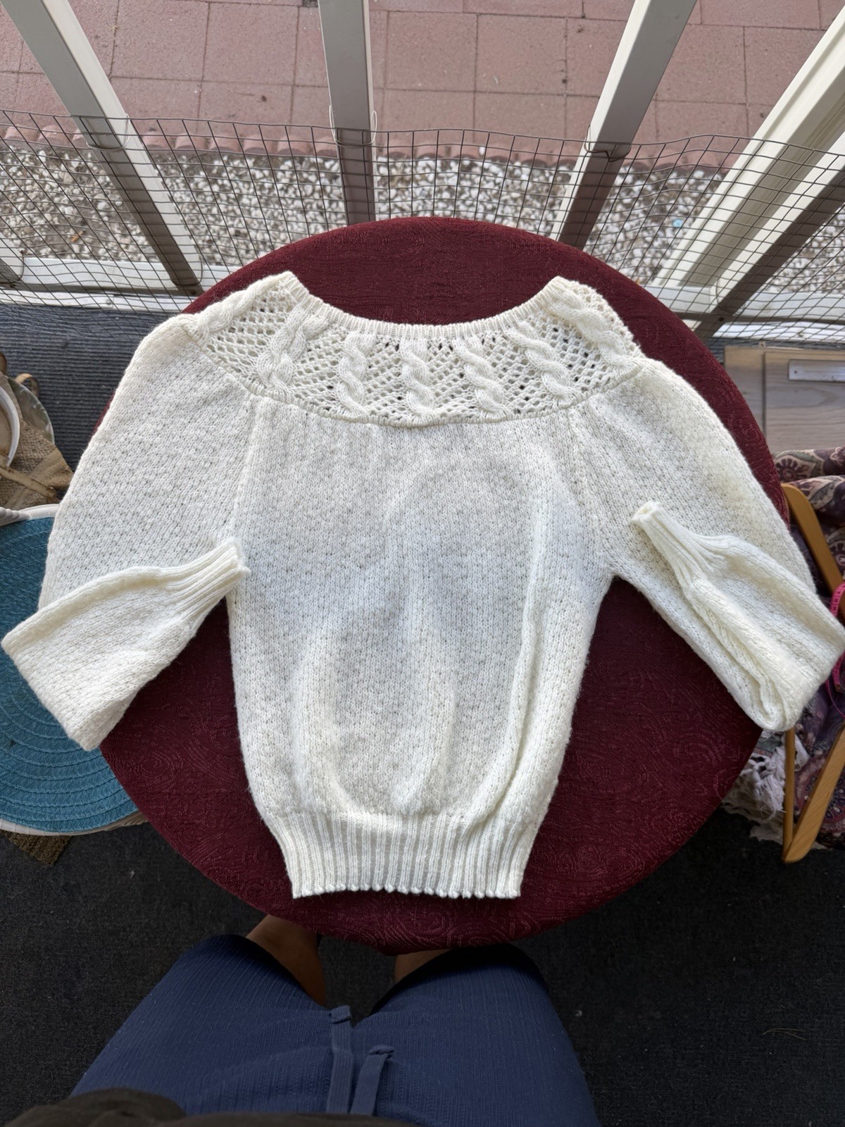 Vintage Cream Knit Open Stitch Yoke Sweater – Soft Cozy Cottagecore Knitwear