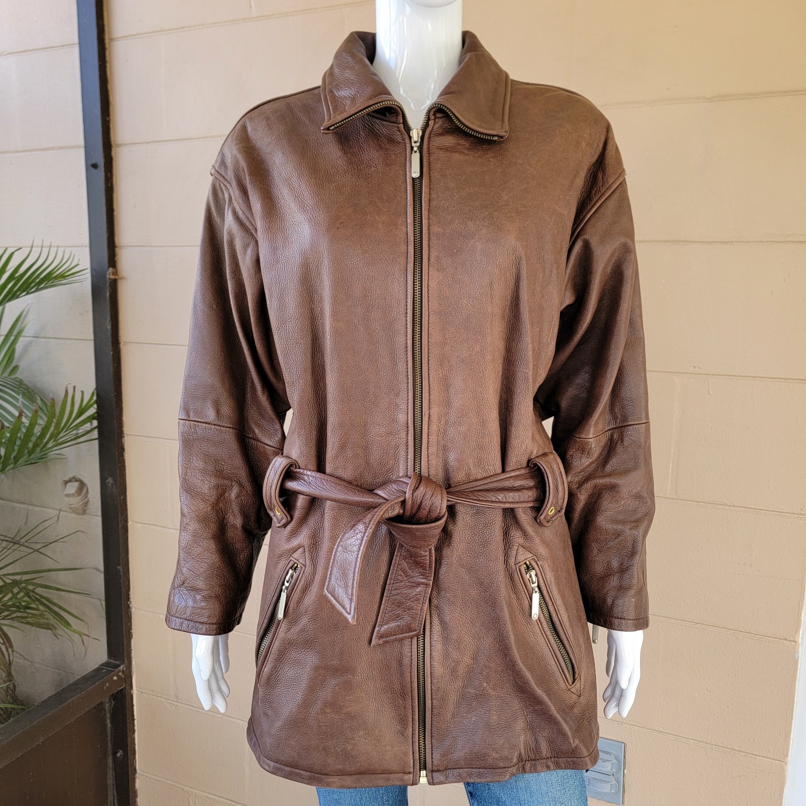 Vintage Blueline Company Genuine Leather Coat Women Size M/L Brown Belt Pockets