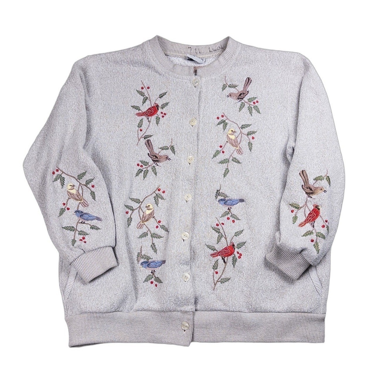 Vintage BonWorth Bird Embroidered Cardigan Women Gray Grandmacore