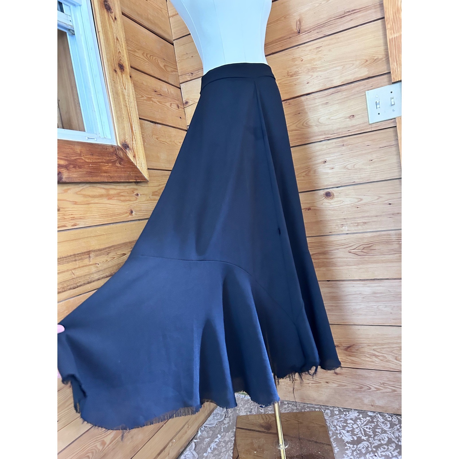 Vintage Maxi Skirt Women Large Black Trumpet Mermaid Flared Raw Hem Handmade