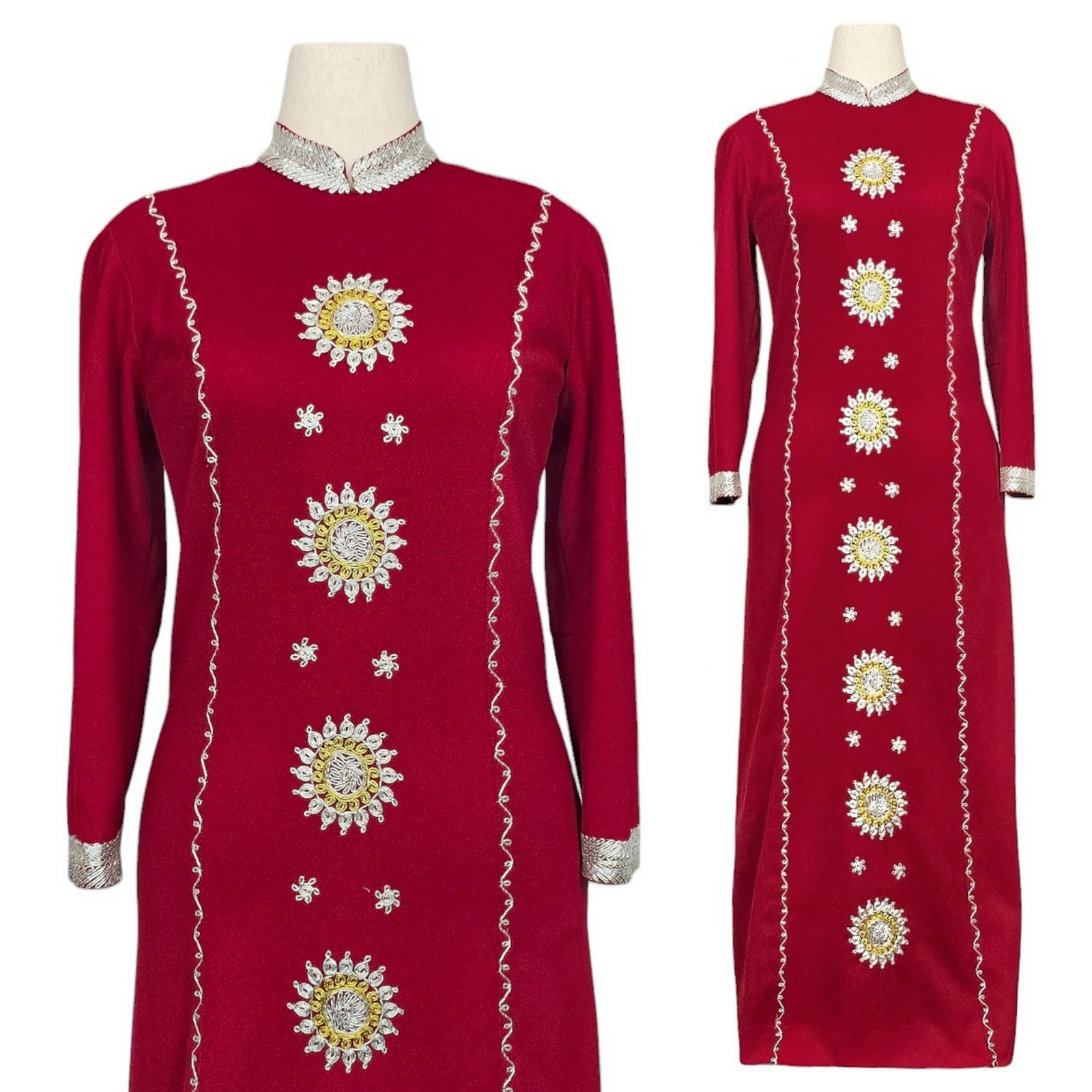 1960s Vintage Dress 60s Maxi Red Silver Gold 1970s Starburst Small Medium 70s