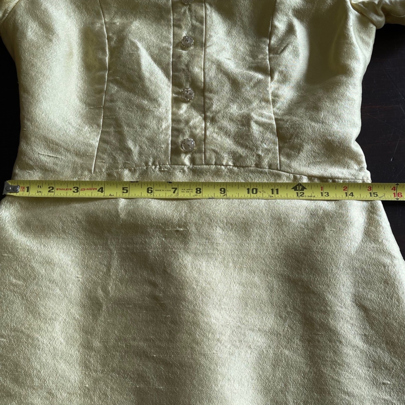 Vintage 60s Maxime of California Yellow Shantung Shift Dress Rhinestone Button
