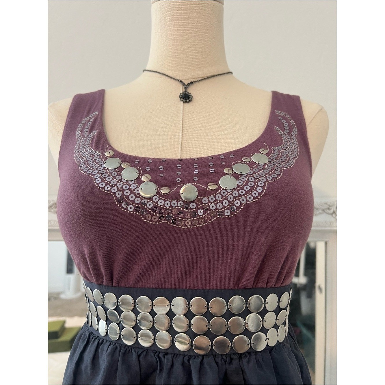vintage y2k purple & navy mini babydoll dress with silver embellishments