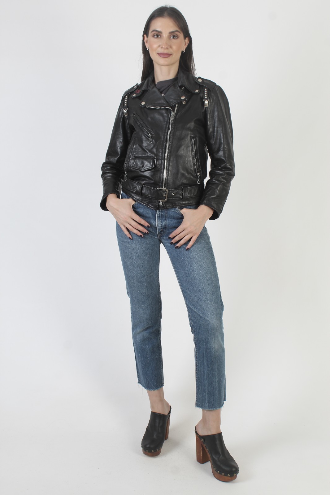 Vtg Gino Leather Black Leather Motorcycle Jacket Belted Asym Cropped Biker Coat