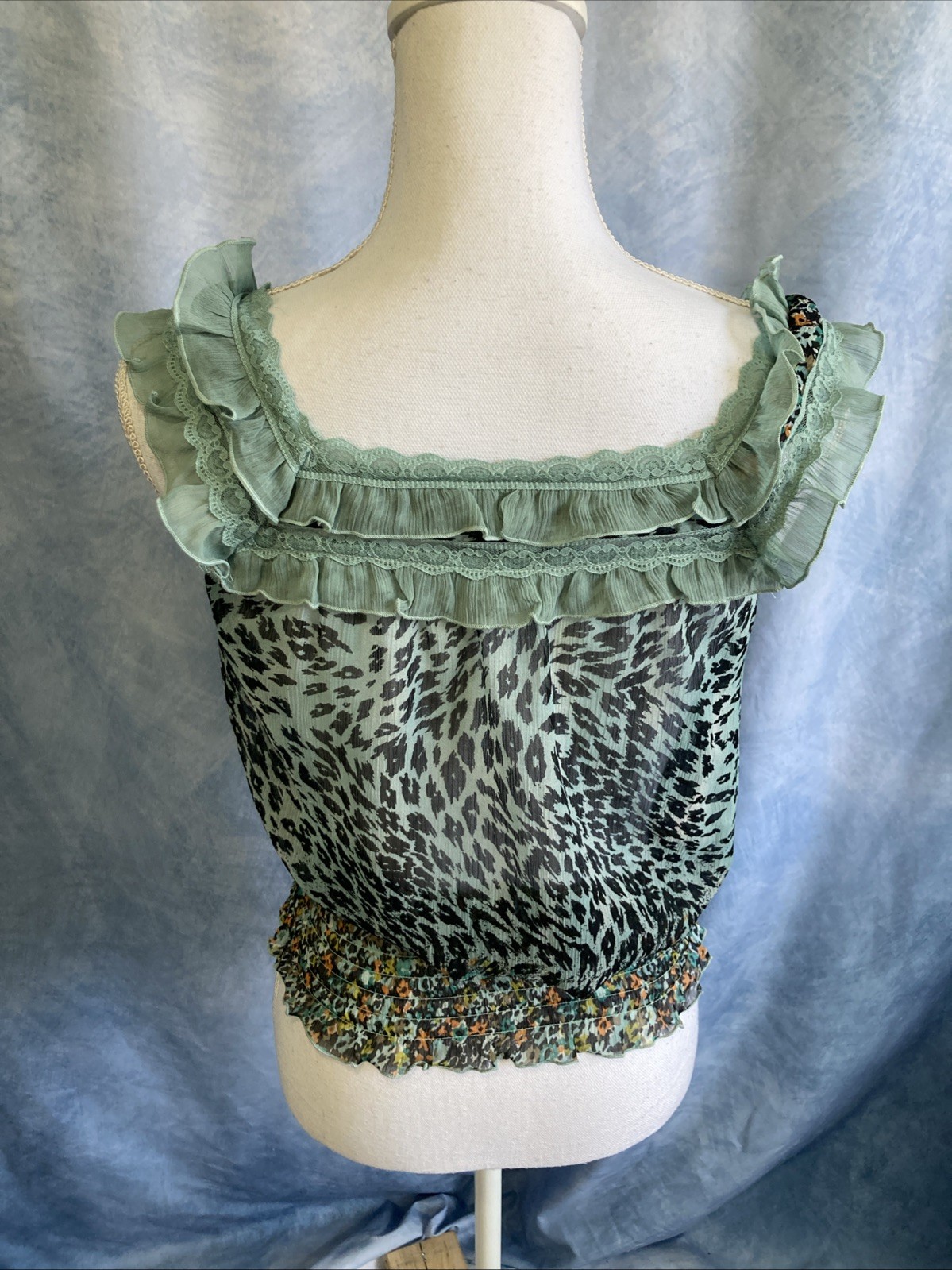 American Rag XS EUC Mint Green Leopard Print Sheer Ruffle Smocked Boho Top Y2K