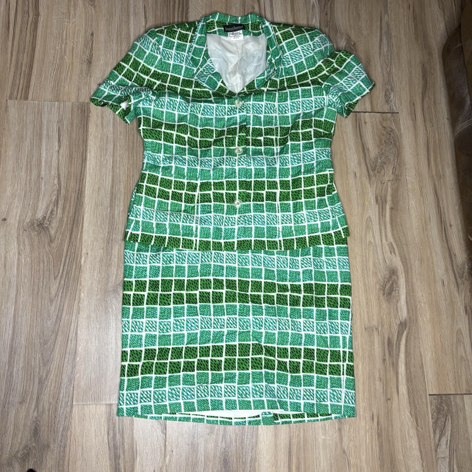 VTG 60s Green White Mid Century Geometric Print Skirt Suit Harve Benard 10/12