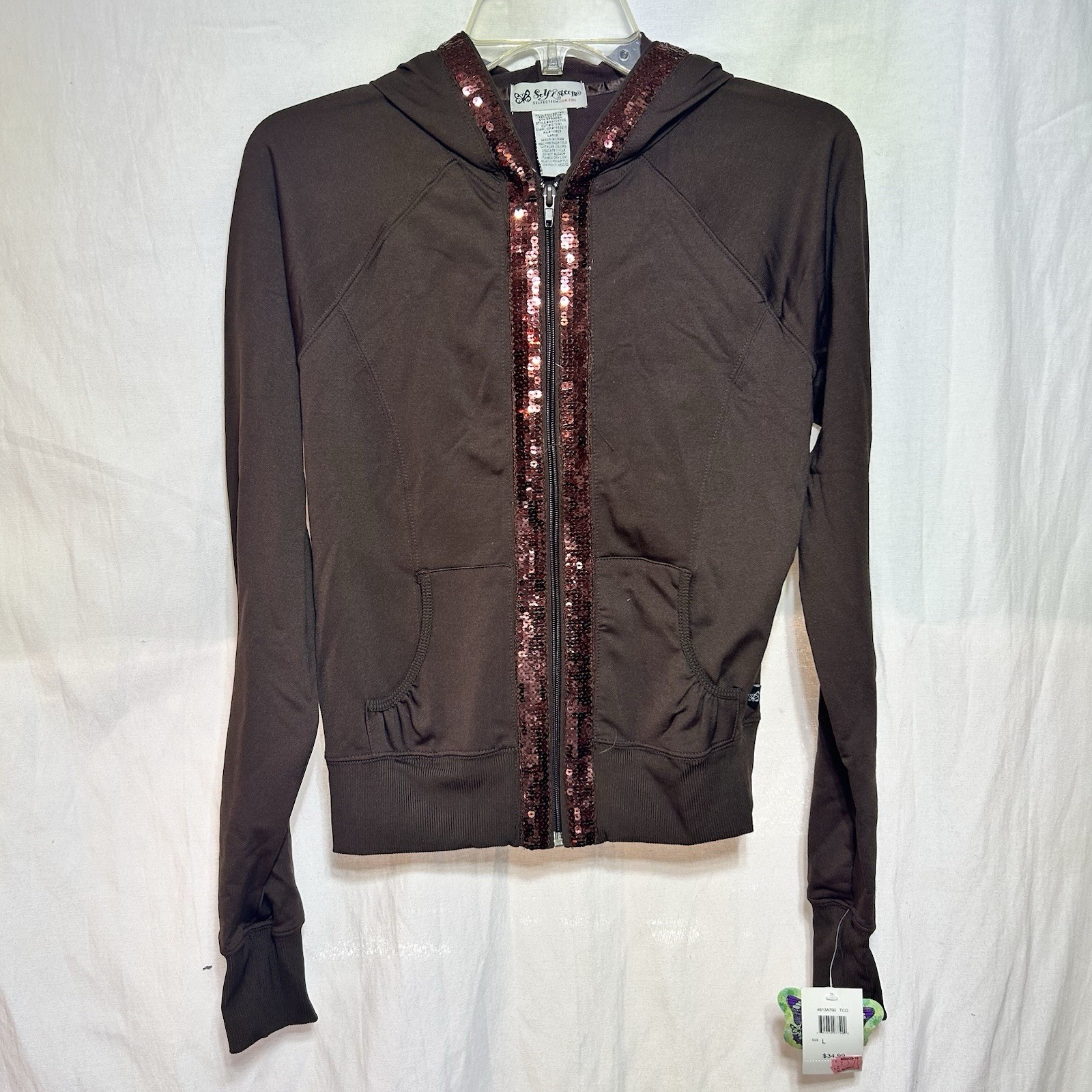 Vintage Self Esteem Brown Hoodie Copper Sequin Trim Y2K Grunge Retro Zip Up L