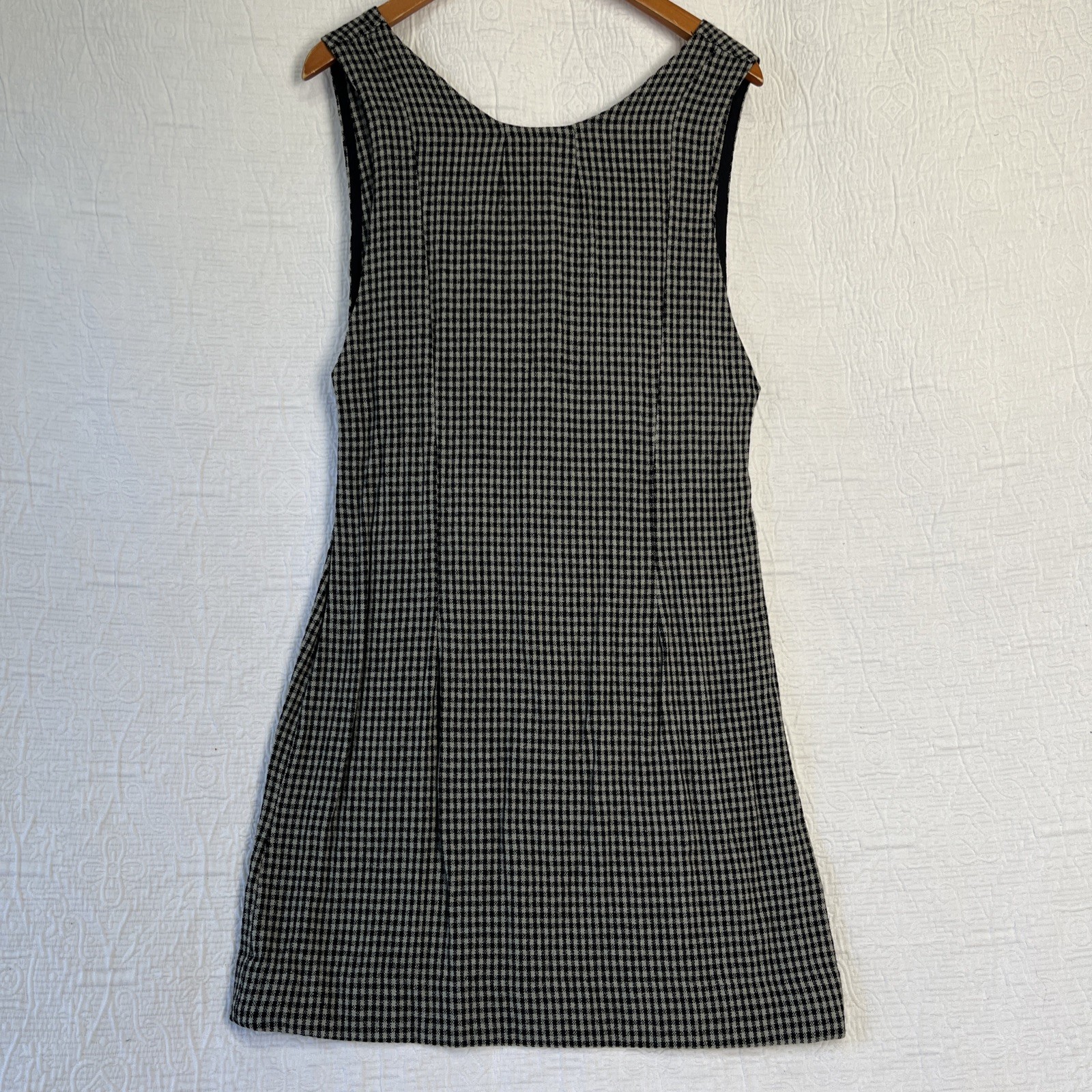 Vintage Wool Gingham Plaid Jumper Dress Pinafore Black Grey Homemade Pullover M