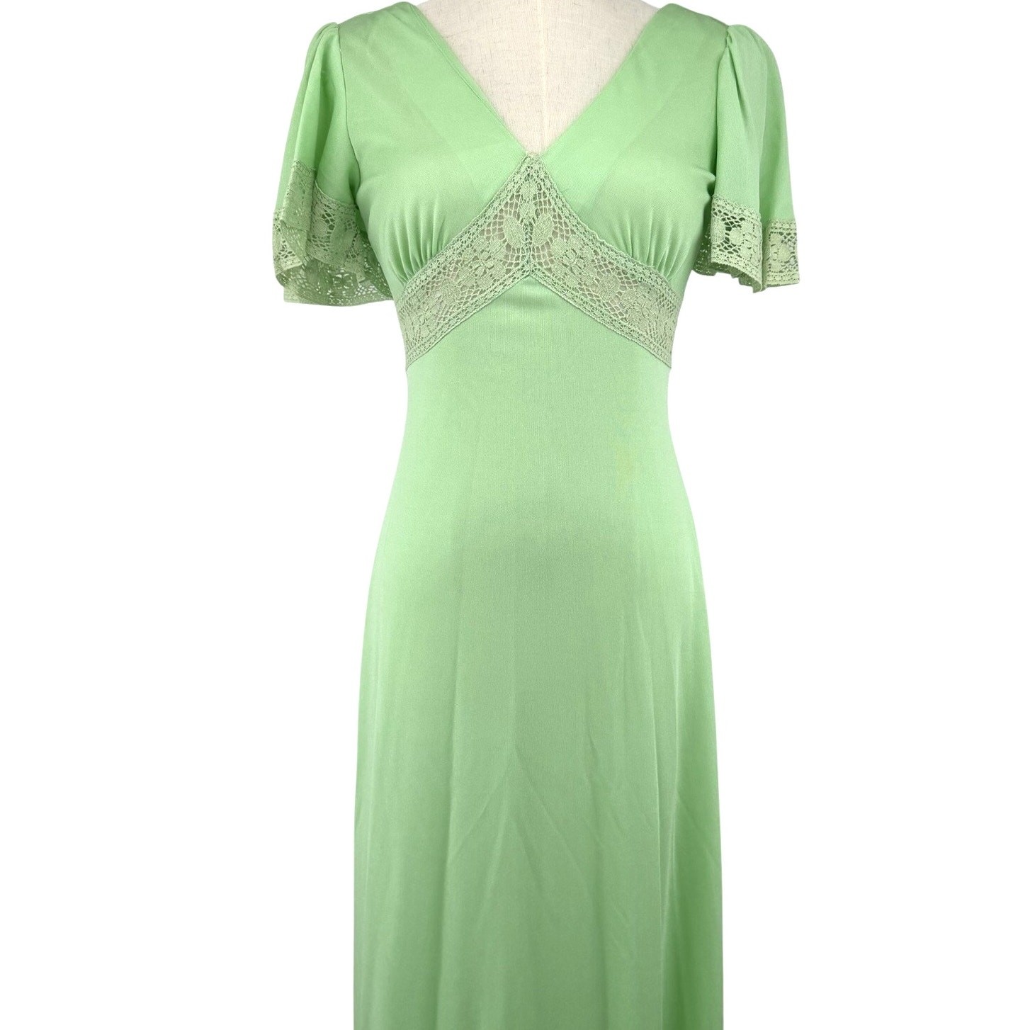 Vintage 70s Green Maxi Dress Lace Empire Waist Small ILGWU JCPenney Prairie Boho