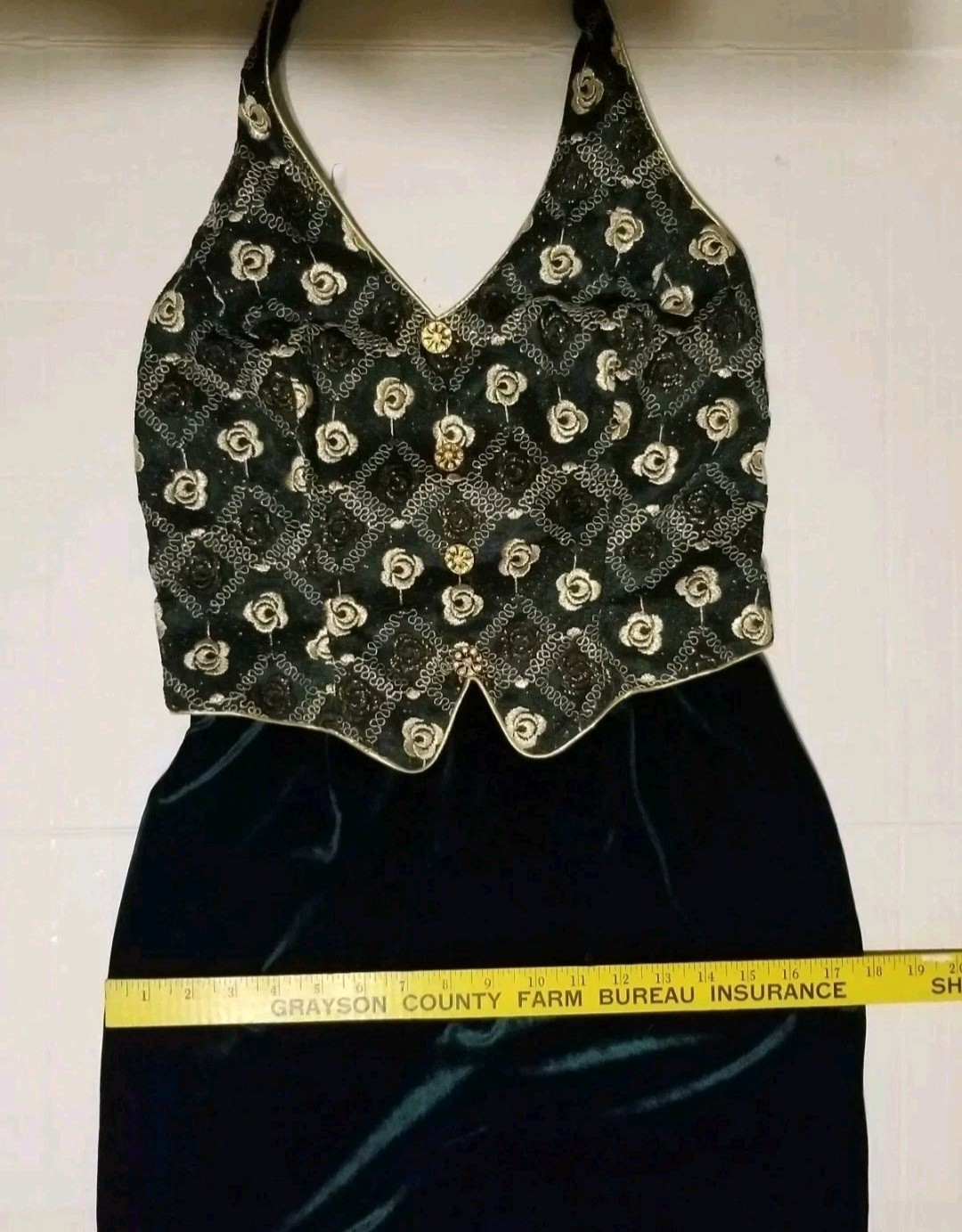 Vintage Aspeed Size Medium Formal Dress Green Velvet Gold Embroidered Sleeveless