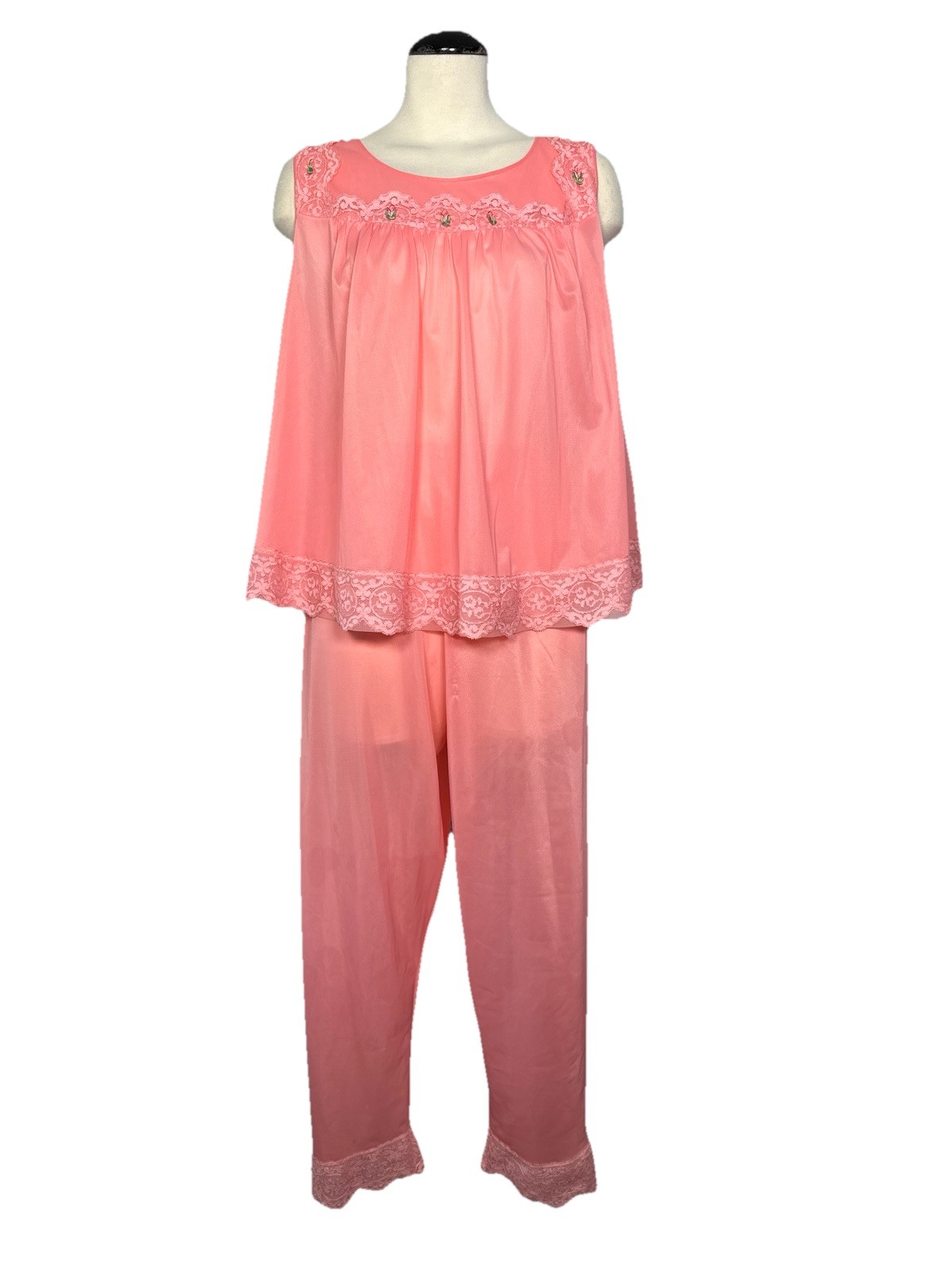 Vintage 60s Coral Pink Babydoll Pajama Set 2Pc Appliqué Top Pants Pandora S/M