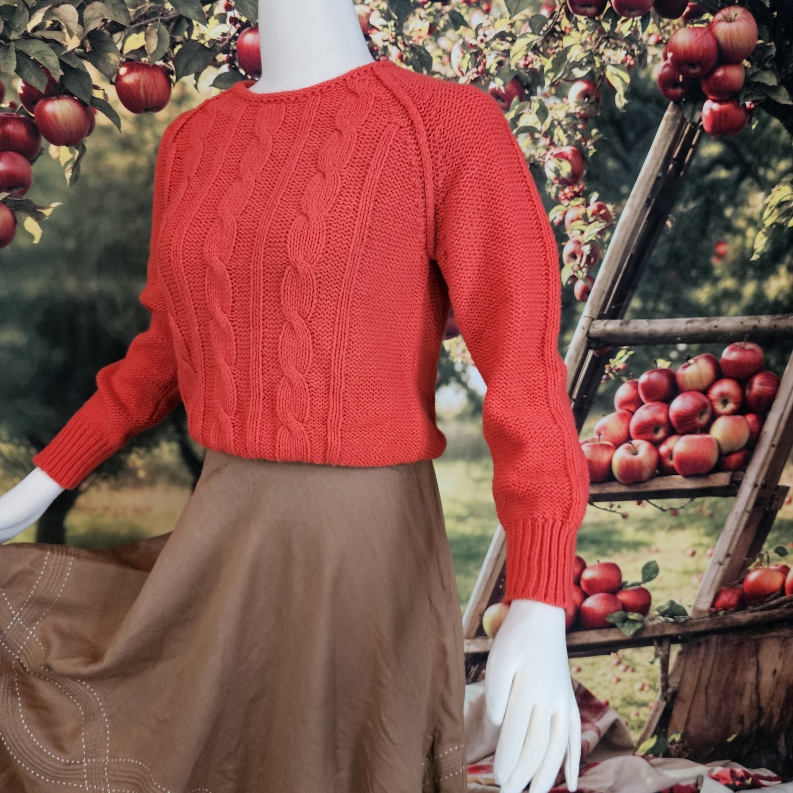 Vintage 1970s Pullover Sweater Orange Red Long Sleeve Cable Knit Retro Cozy