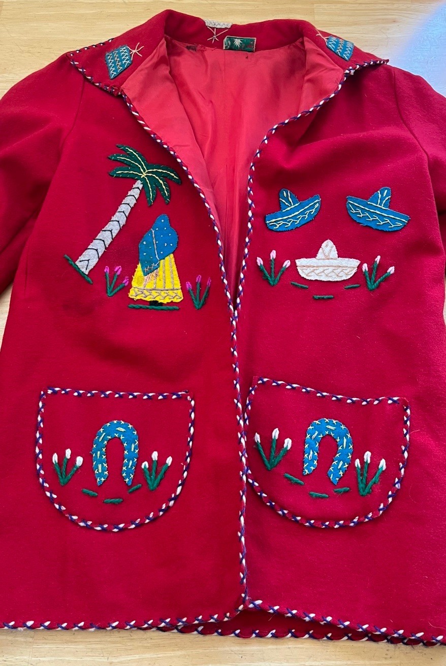 Vtg LOPEZ 1940s Mexican Wool Embroidered Tourist Jacket Bright Red-Sz XS EUC!
