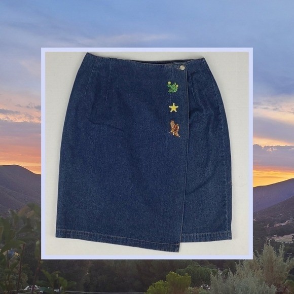 Y2K 90s Vintage 100% Cotton Denim Western Cowboy Boots Cactus Embroidered Skirt