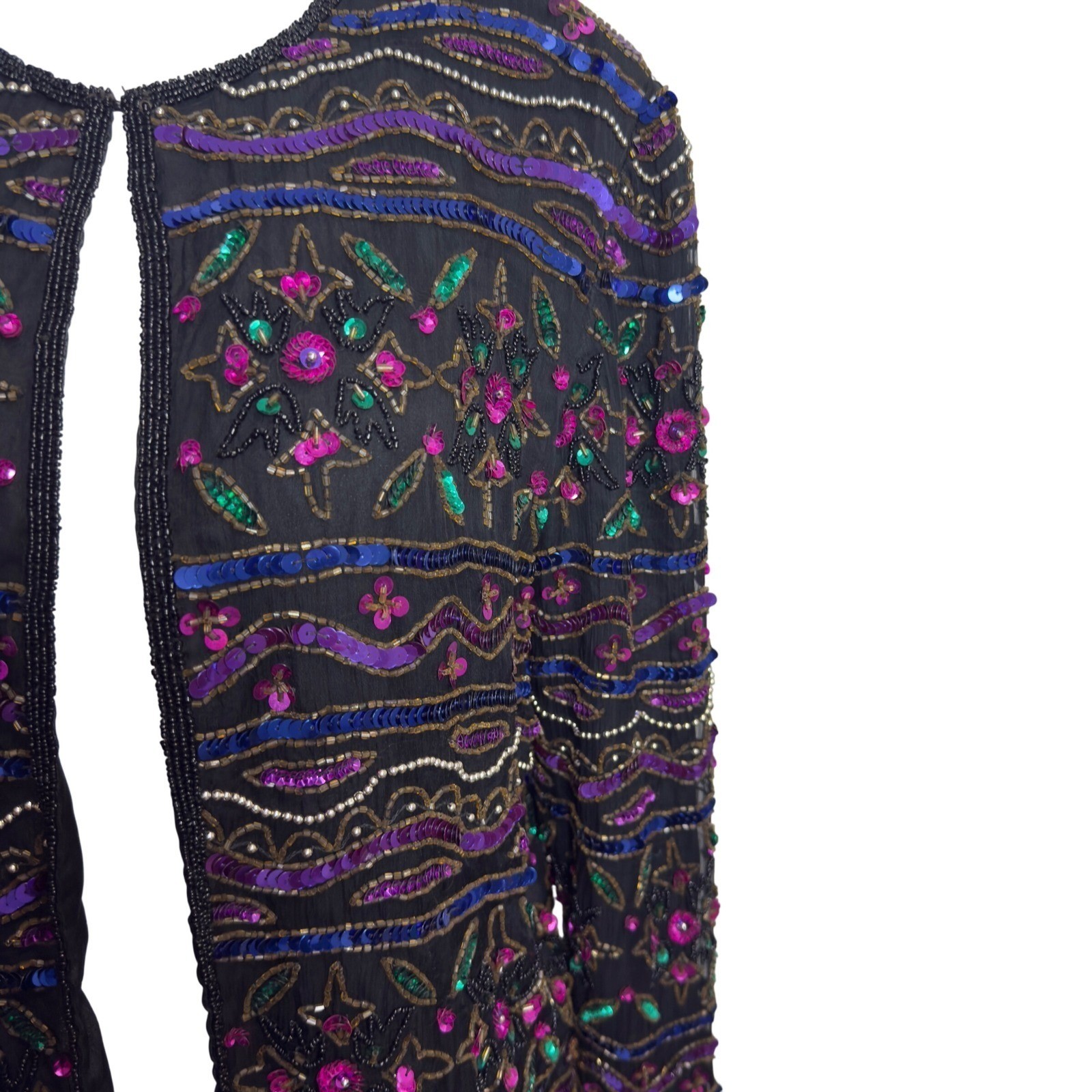 Papell Boutique Evening Vintage Beaded Sequin Jacket Black Silk Purple Small
